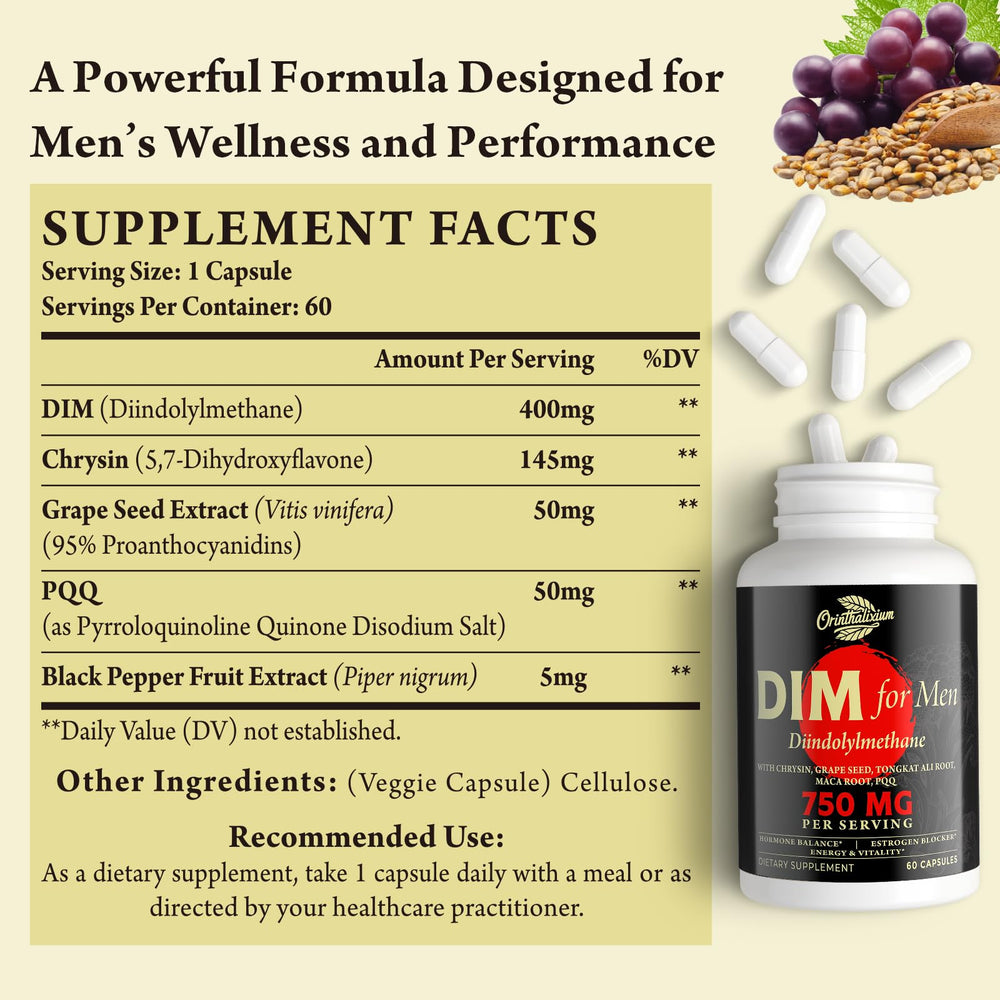 Orinthalixium DIM for Men bottle back highlights ingredients and benefits.