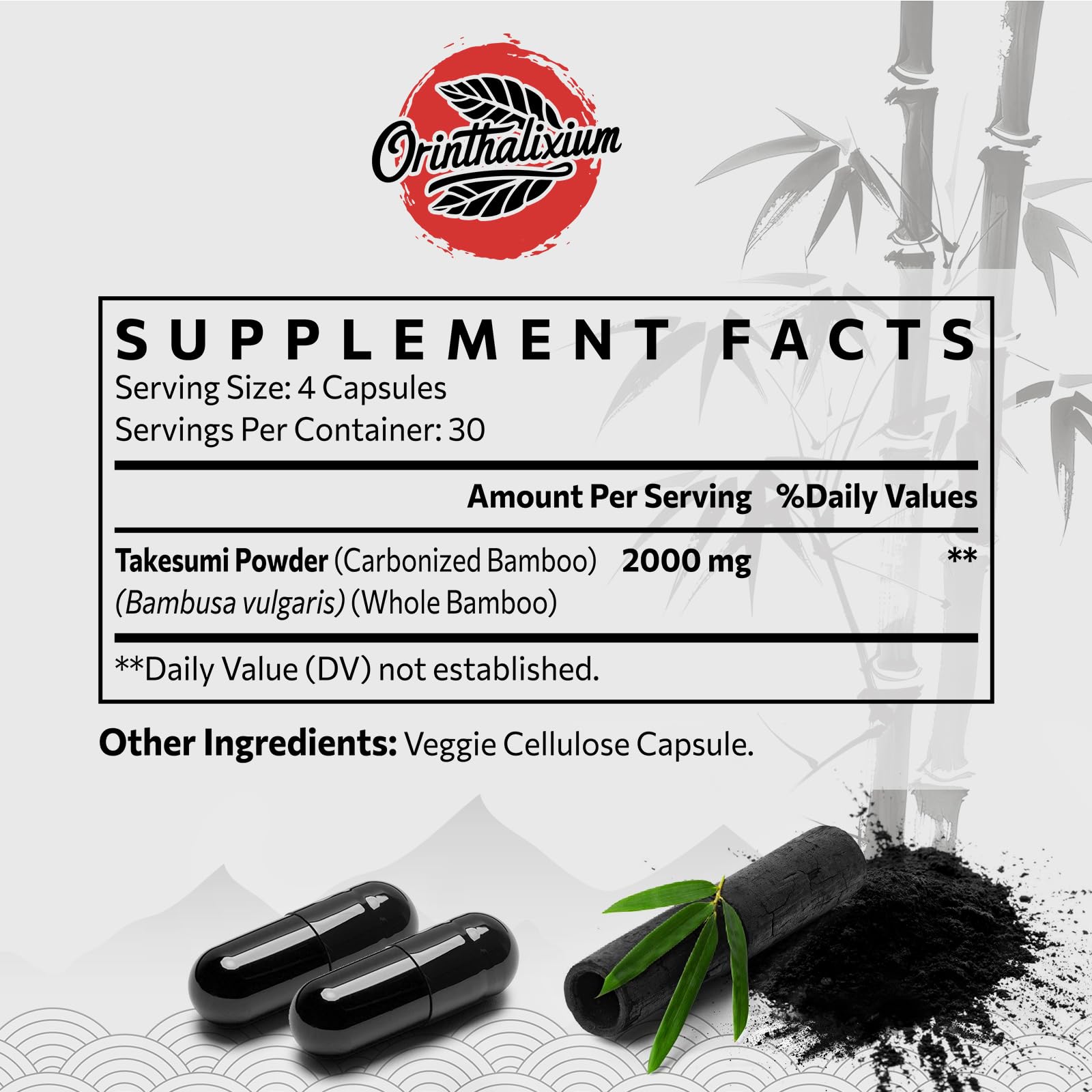 Orinthalixium Takesumi capsules closeup highlights vegan gluten-free formula