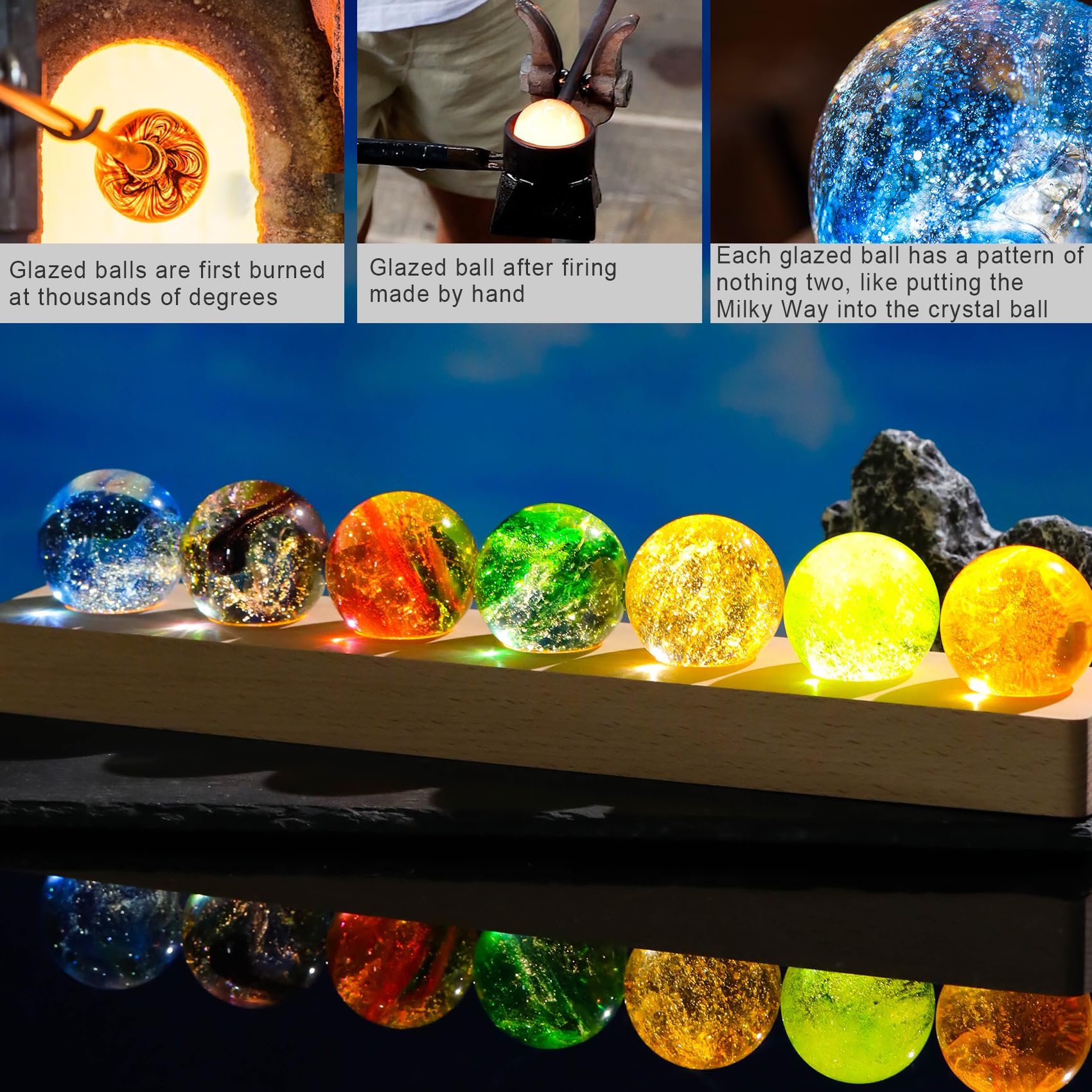 Ornalrist crystal spheres with wooden base illuminate seven colors for cozy night light.