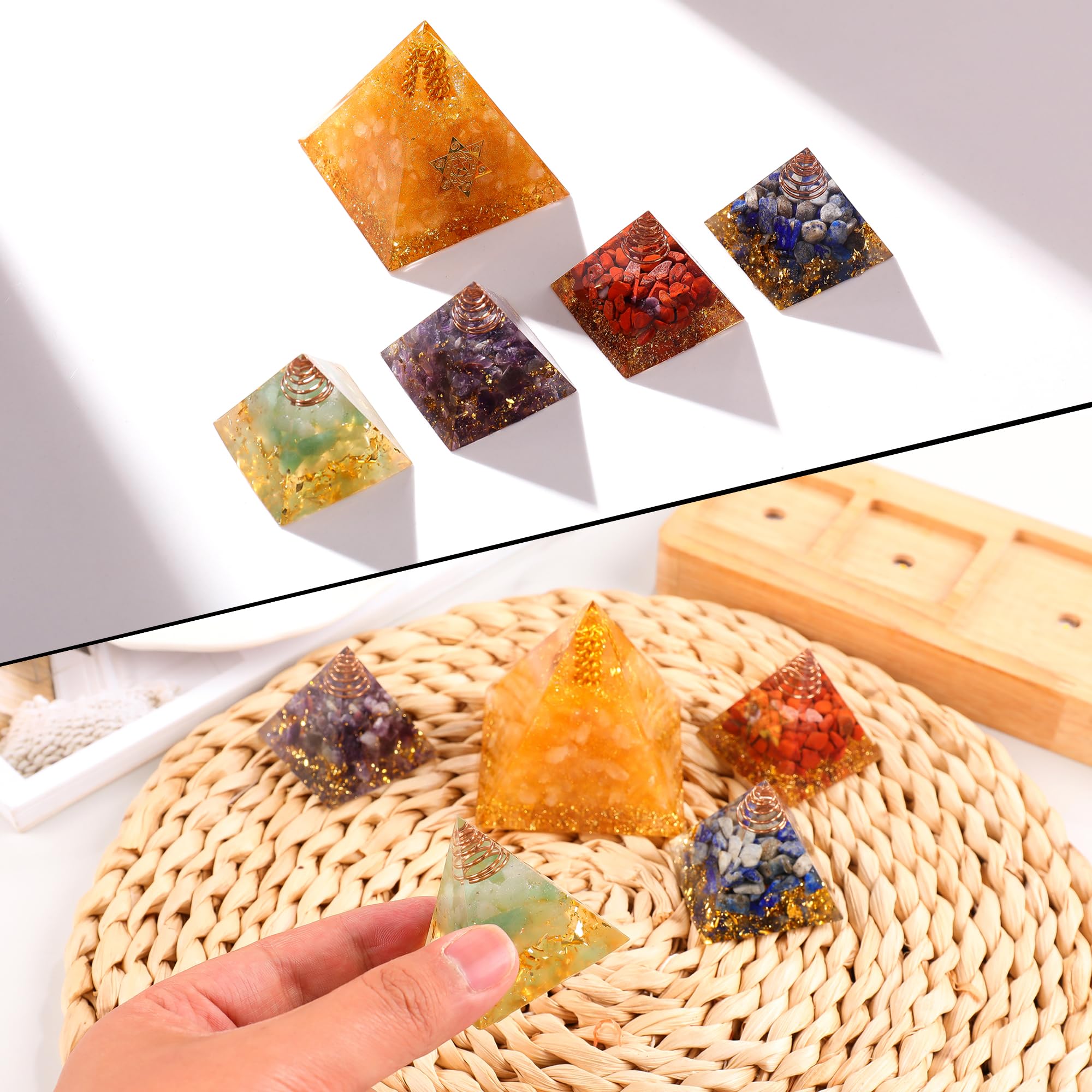 Ornalrist multicolor crystal pyramids display a tranquil desk setup