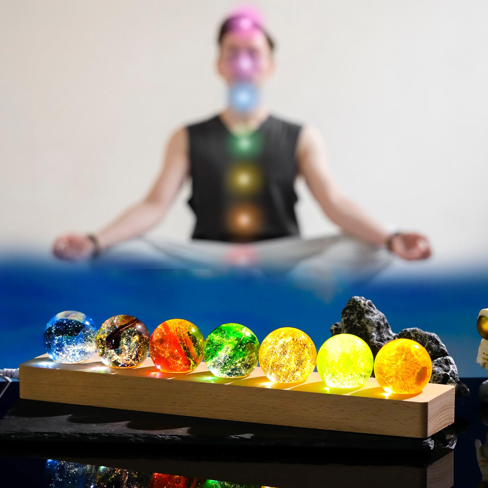 Ornalrist seven chakra orbs create a colorful glow to enhance focus.