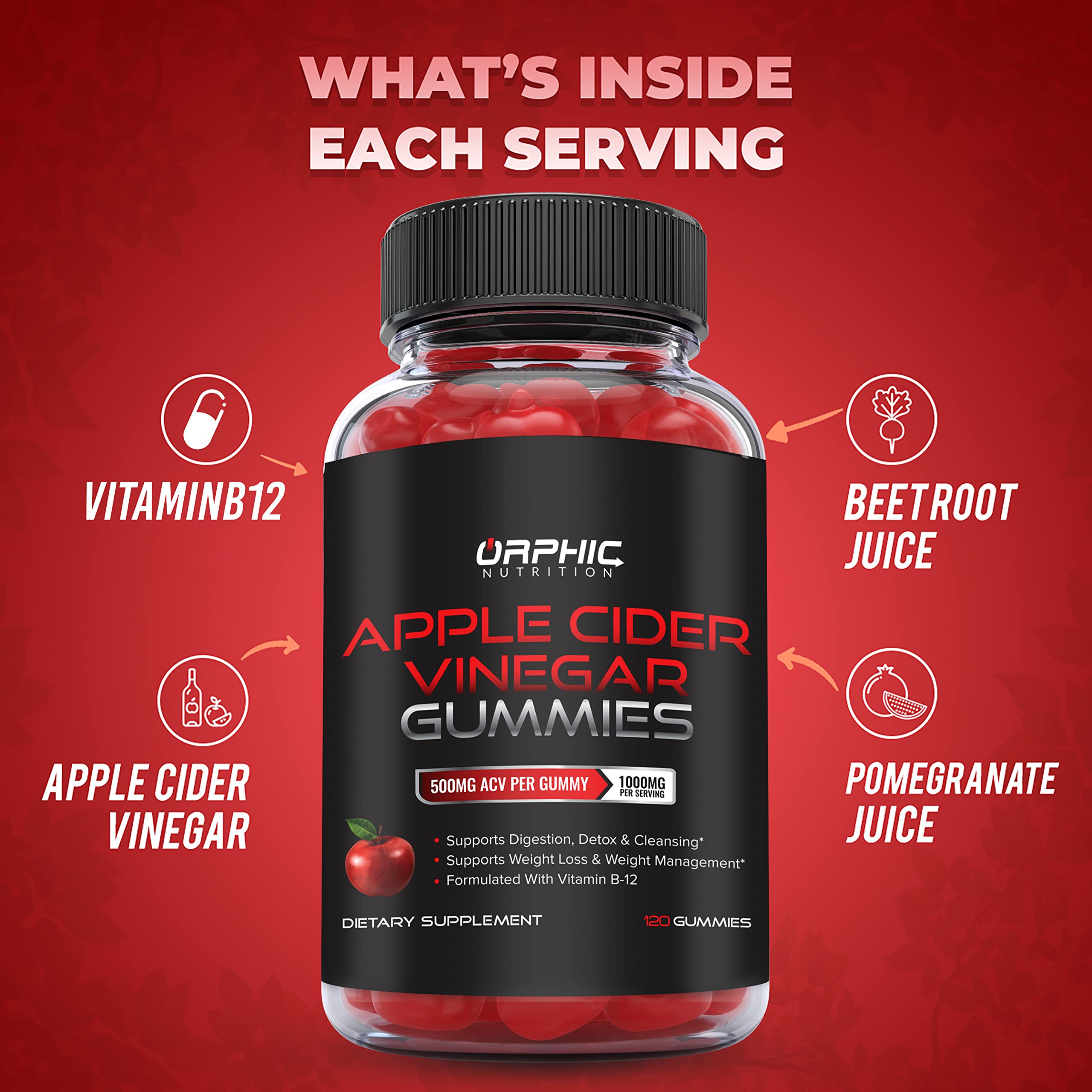 Orphic Nutrition ACV Gummies pouring serving demonstrates convenient 2-gummy dose for digestion support.