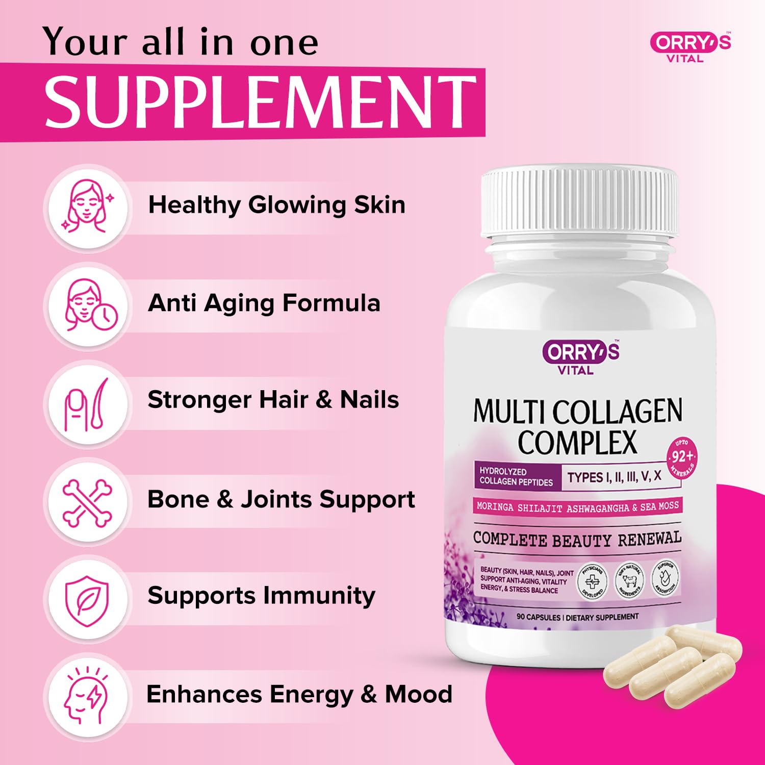 Orry's Vital capsules label close-up highlighting multi-type collagen benefit