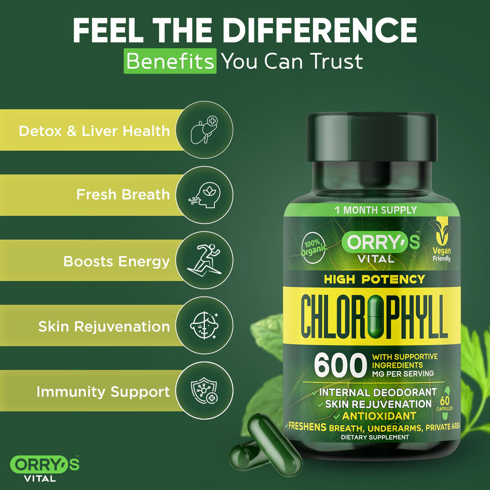 Orry's Vital chlorophyll label details spotlight peppermint and parsley for freshness.