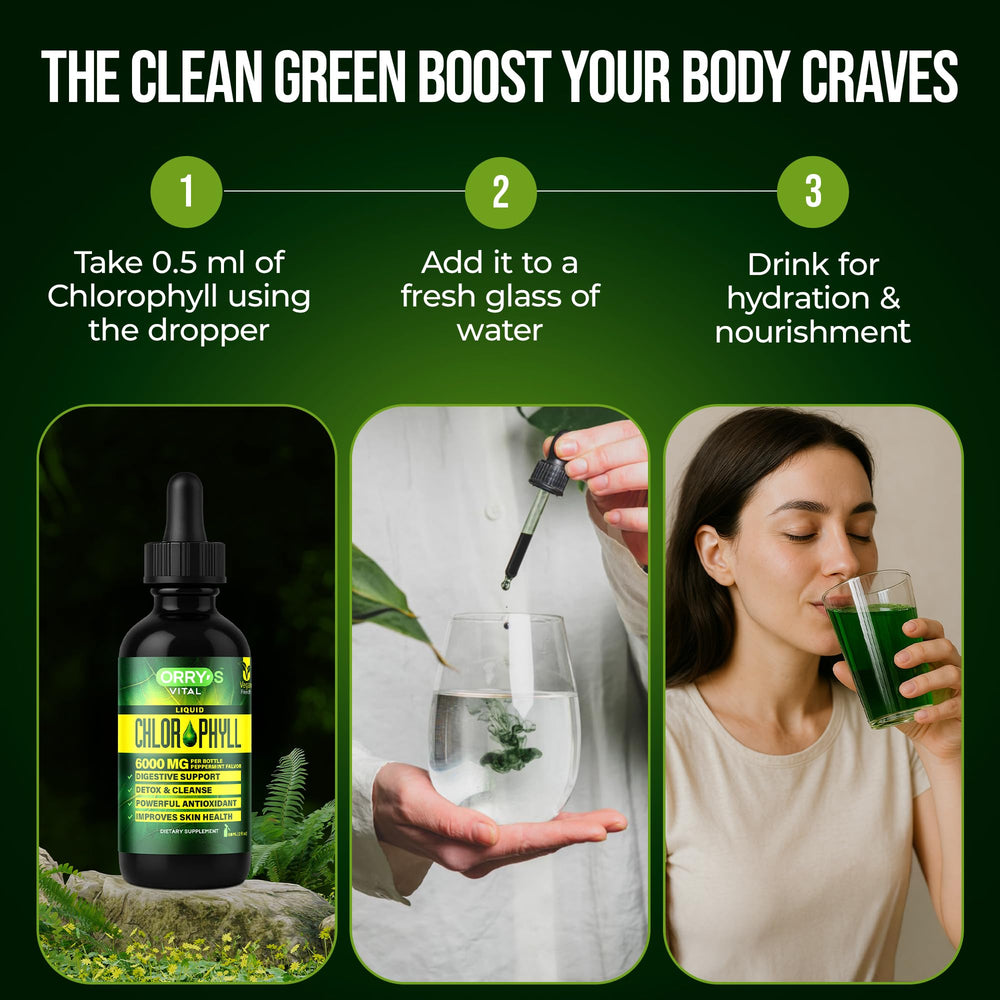 Orry's Vital mint-flavor chlorophyll drops on glass showing smoother taste
