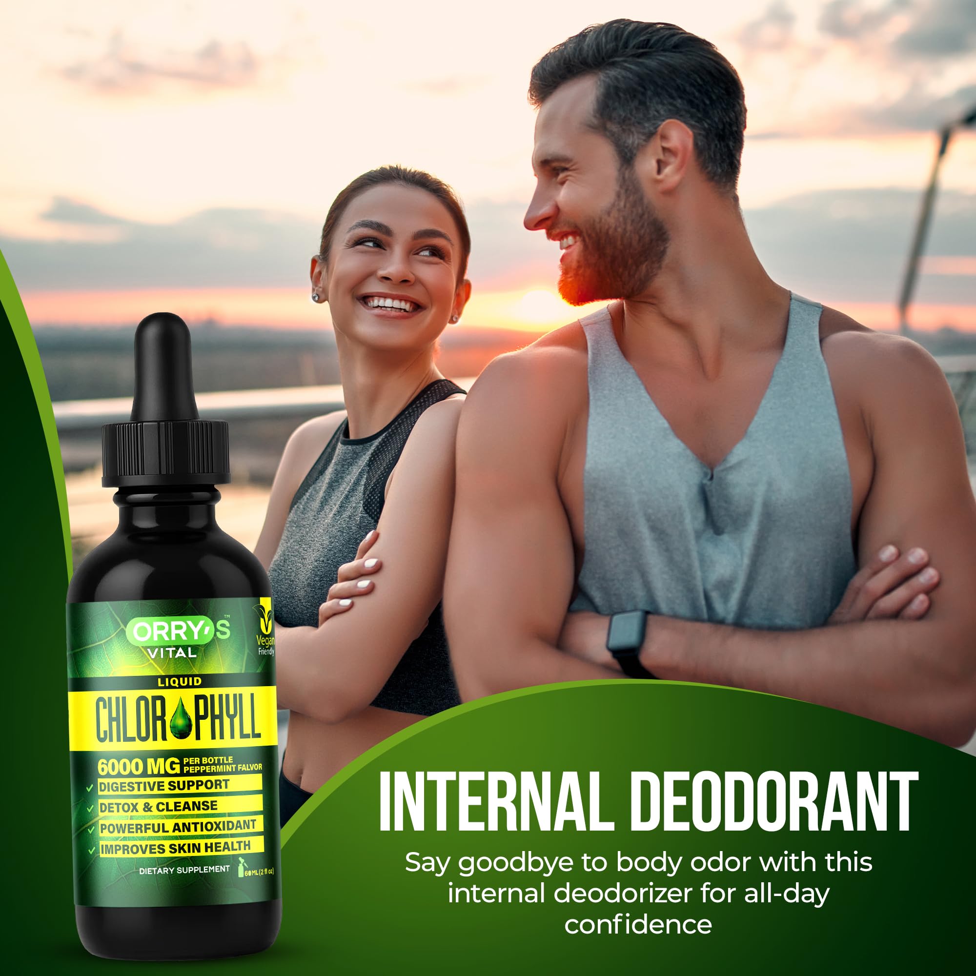 Orry's Vital ingredient panel shows spinach and algae powering formula