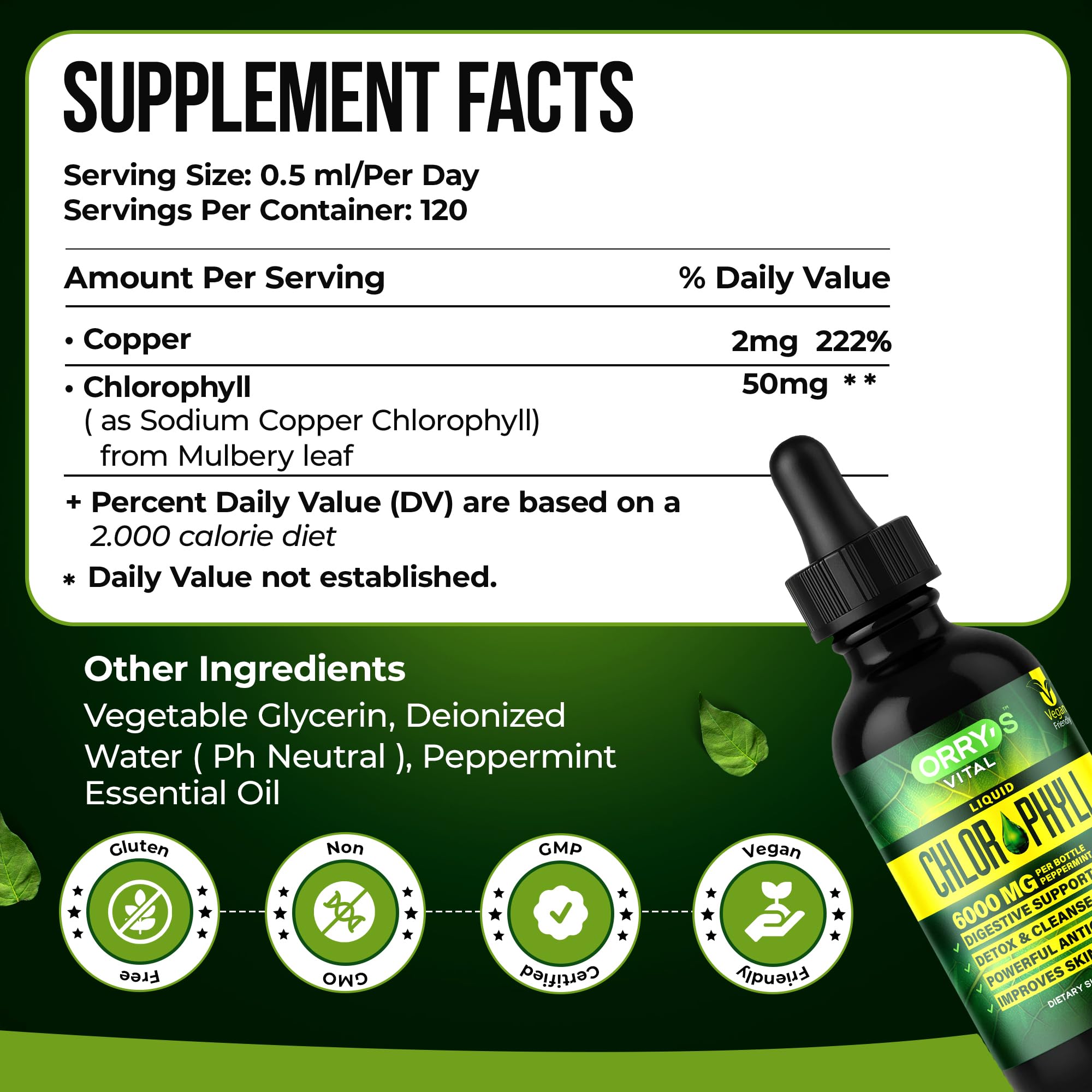 Orry's Vital chlorophyll drops pour into water for easy daily refreshment