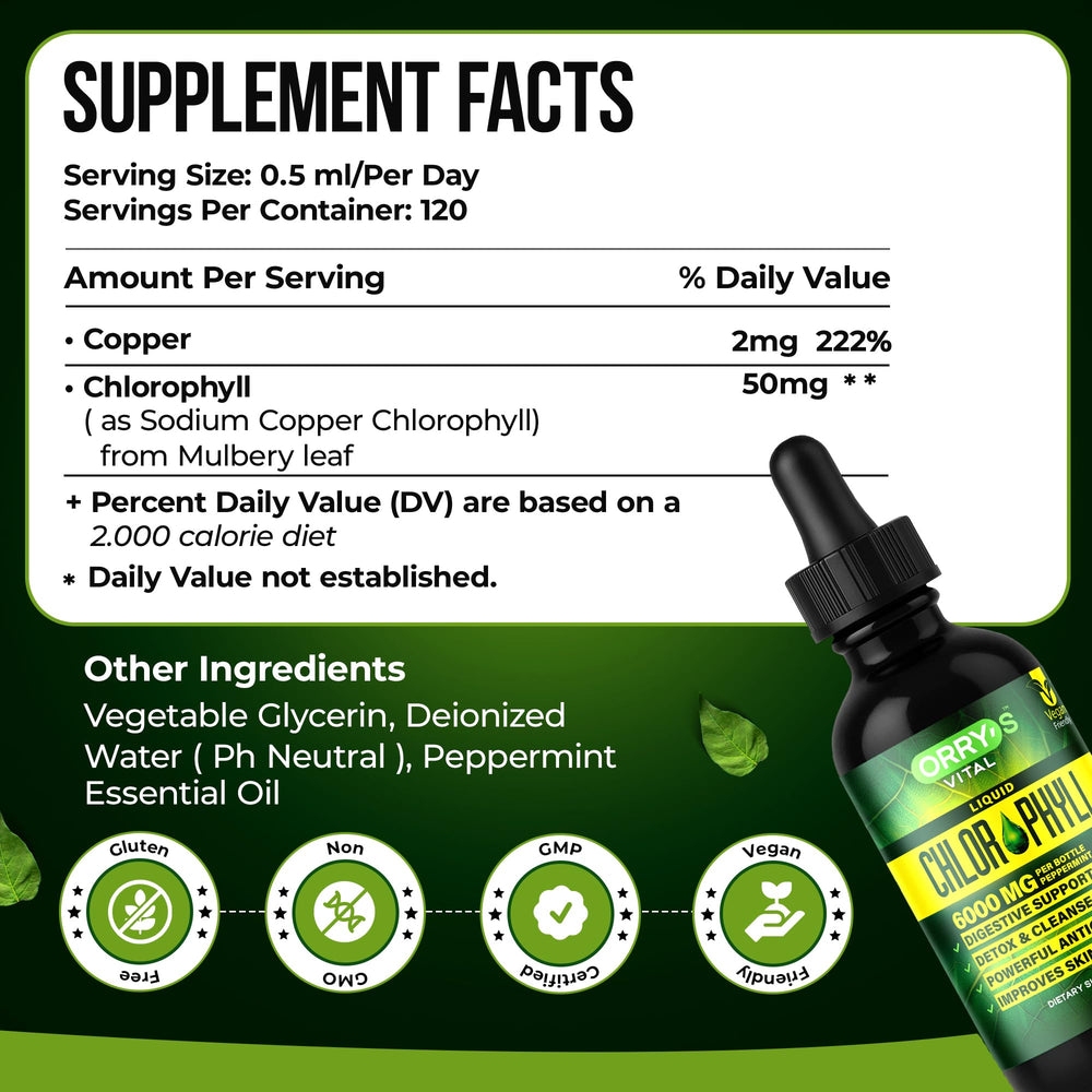Orry's Vital chlorophyll drops pour into water for easy daily refreshment