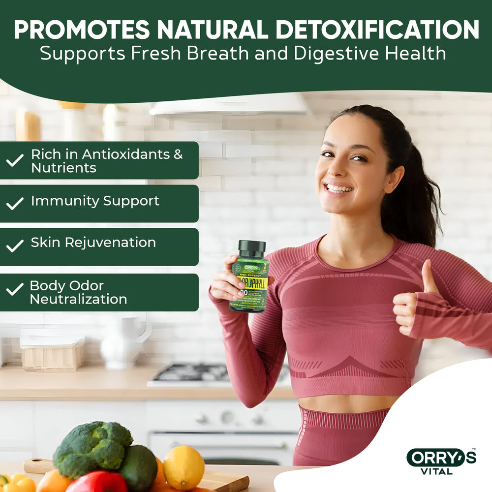 Orry's Vital chlorophyll packaging inside reveals full ingredients and vegan capsules.