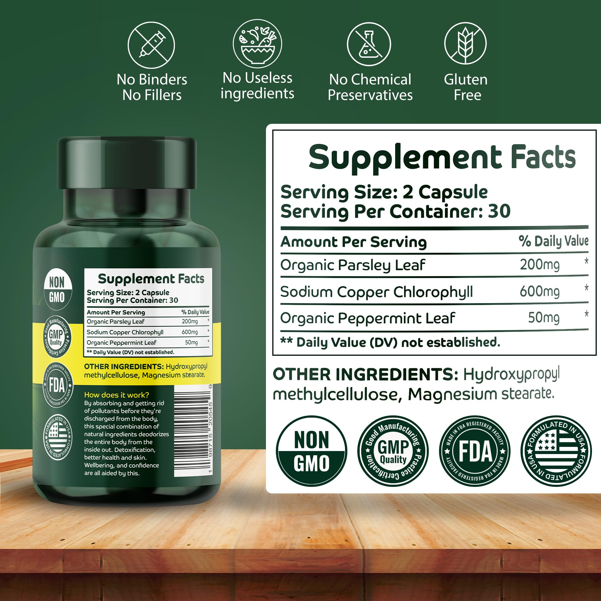 Orry's Vital chlorophyll tablets in a glass bottle indicate odor control and digestion aid.