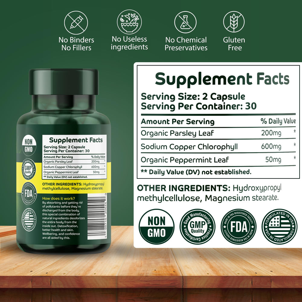 Orry's Vital chlorophyll tablets in a glass bottle indicate odor control and digestion aid.