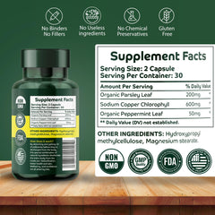 Orry's Vital chlorophyll tablets in a glass bottle indicate odor control and digestion aid.