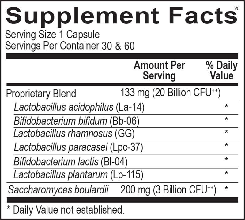 Ortho Biotic capsules close-up label highlights probiotic blend for digestion.