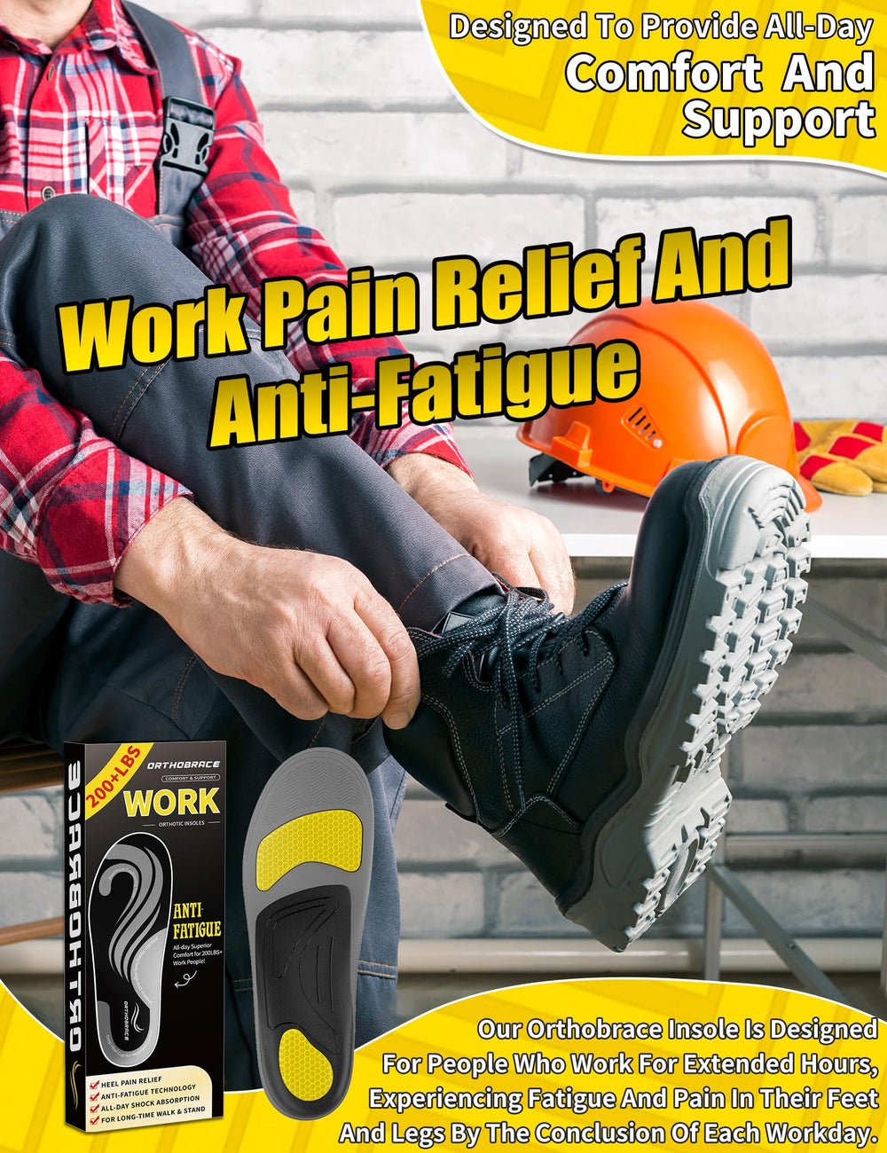 Orthobrace work insole PU cushion layer delivers all-day comfort.