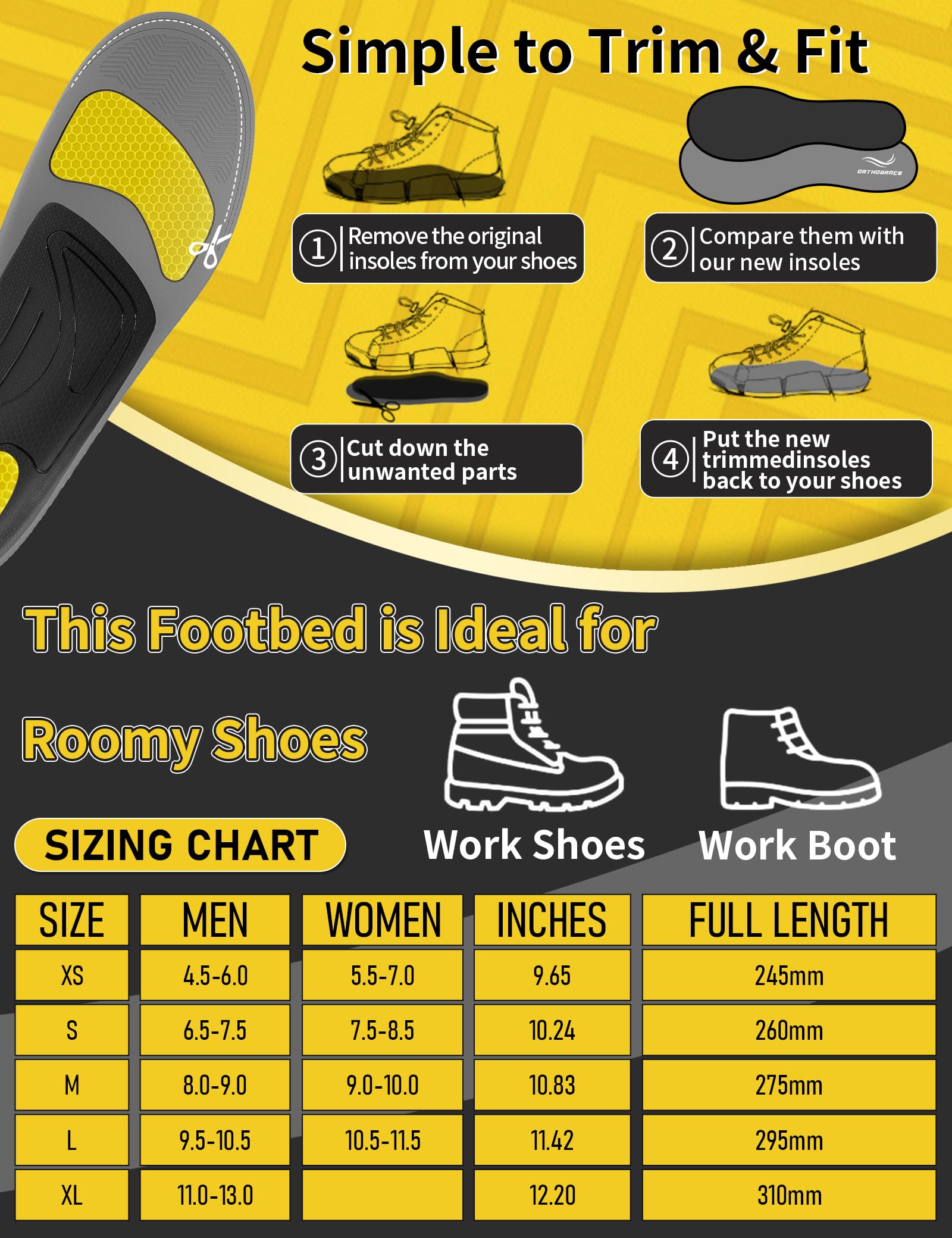 Orthobrace Work Insole fits work boots, casual, hiking shoes with comfort.