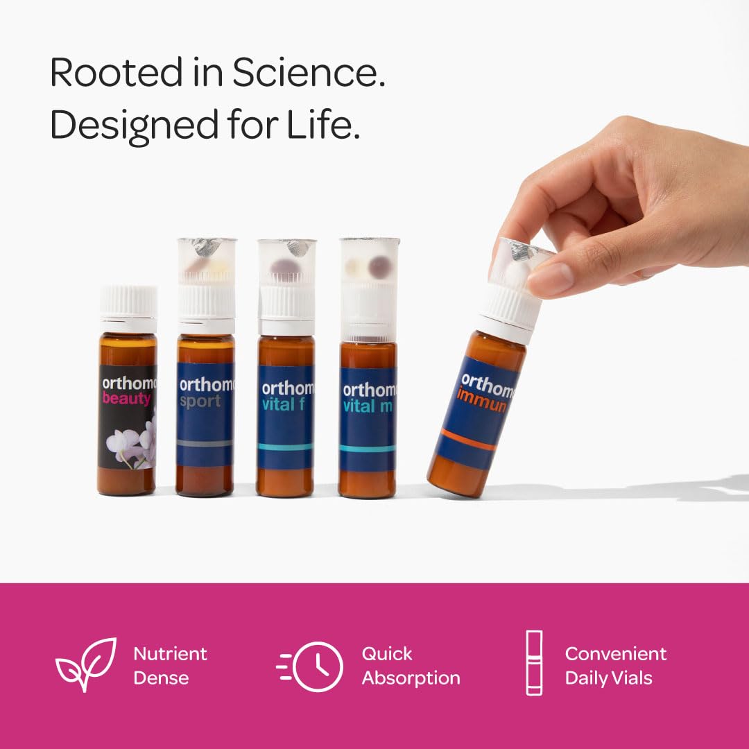 Orthomol Beauty Vial packaging indicates lactose- and gluten-free formula.