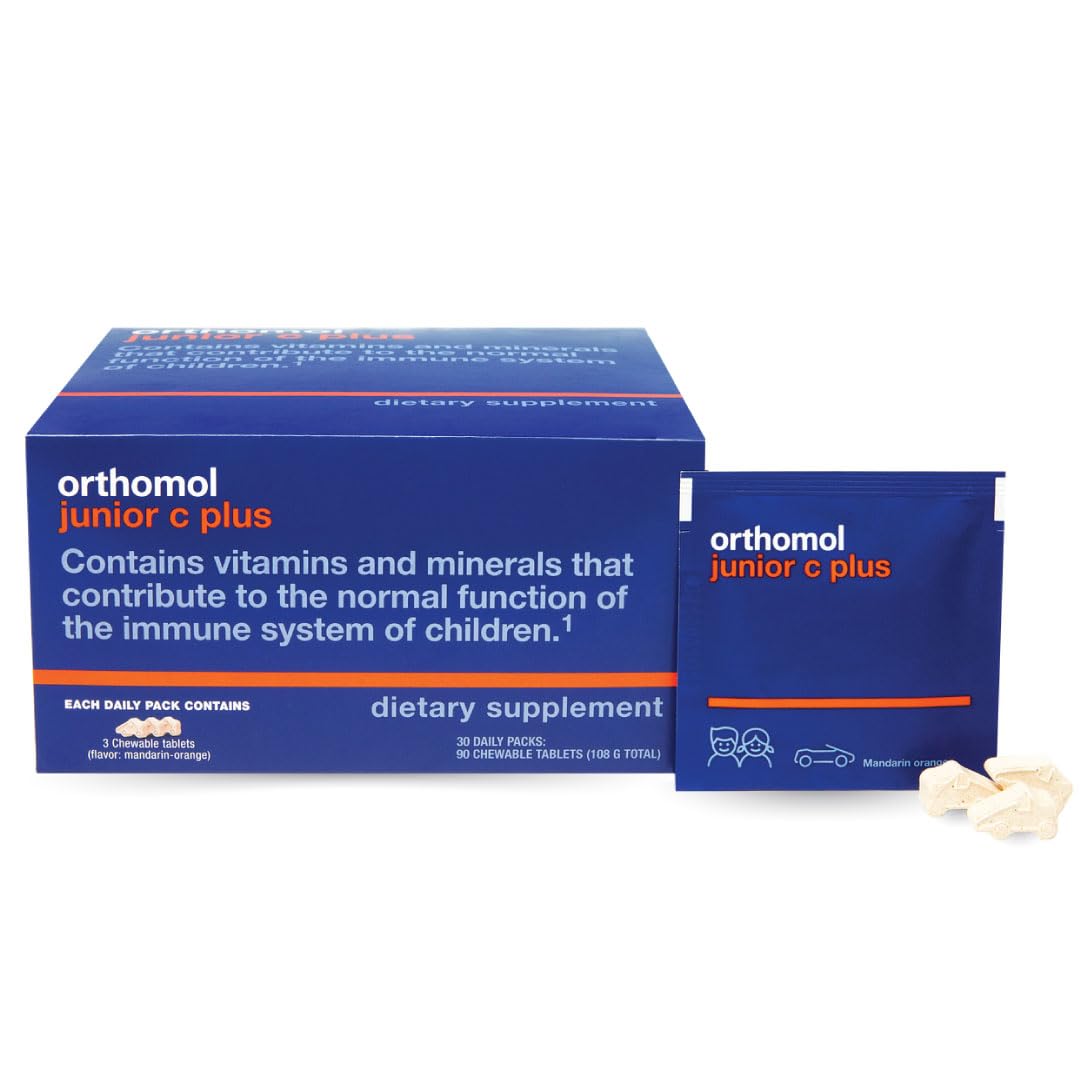 Orthomol Immun Junior C Plus bottle pour shows tangy tangerine flavor supporting immune health.
