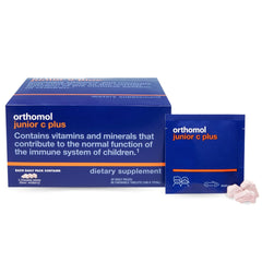 Orthomol Immun Junior C Plus bottle with wildberry flavor supporting daily immune health