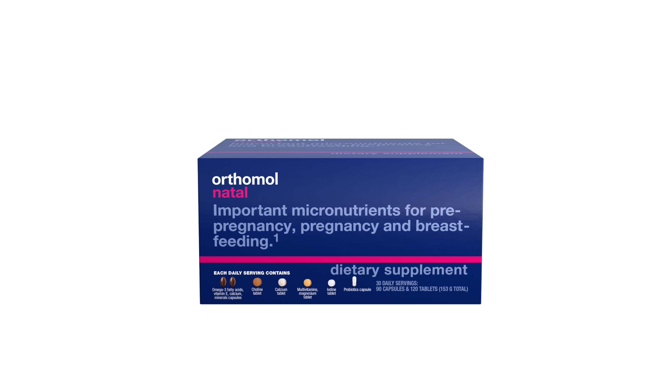 Orthomol Natal daily pack close-up for easy 30-day routine and convenience.