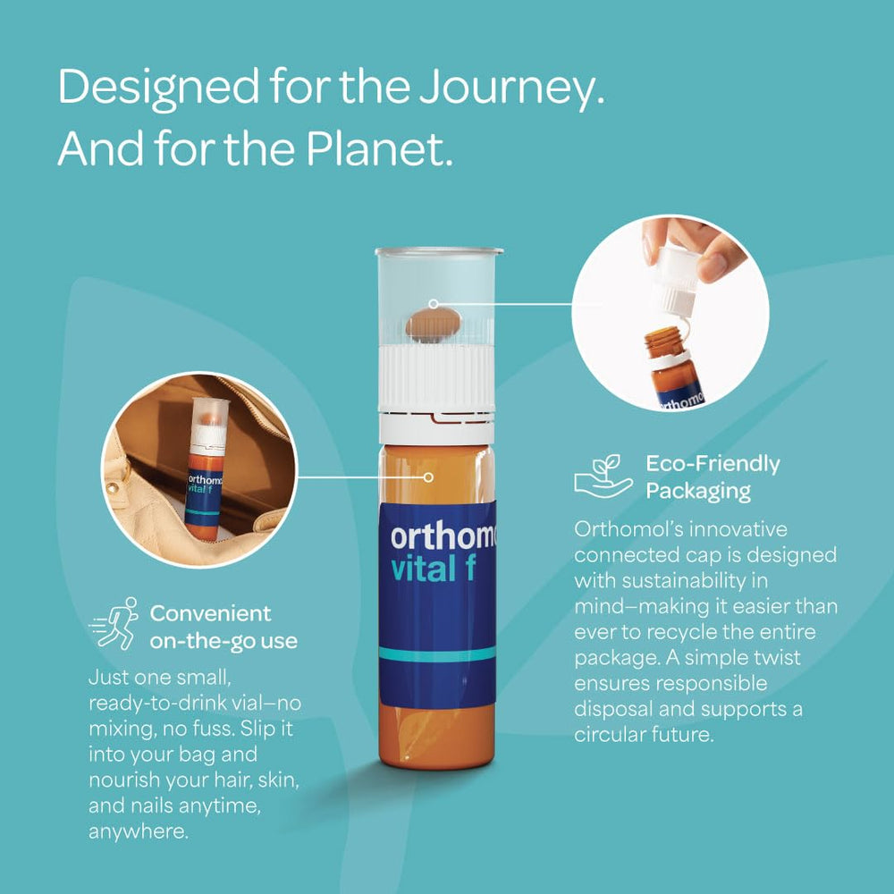 Orthomol Vital F bottle shown on a nightstand.