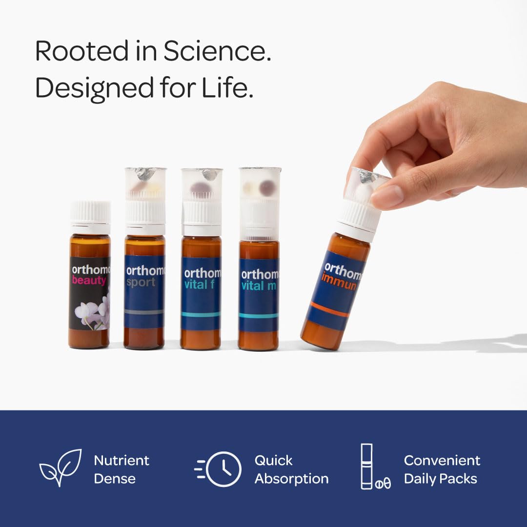 Orthomol Vital F glass with water indicating easy daily intake