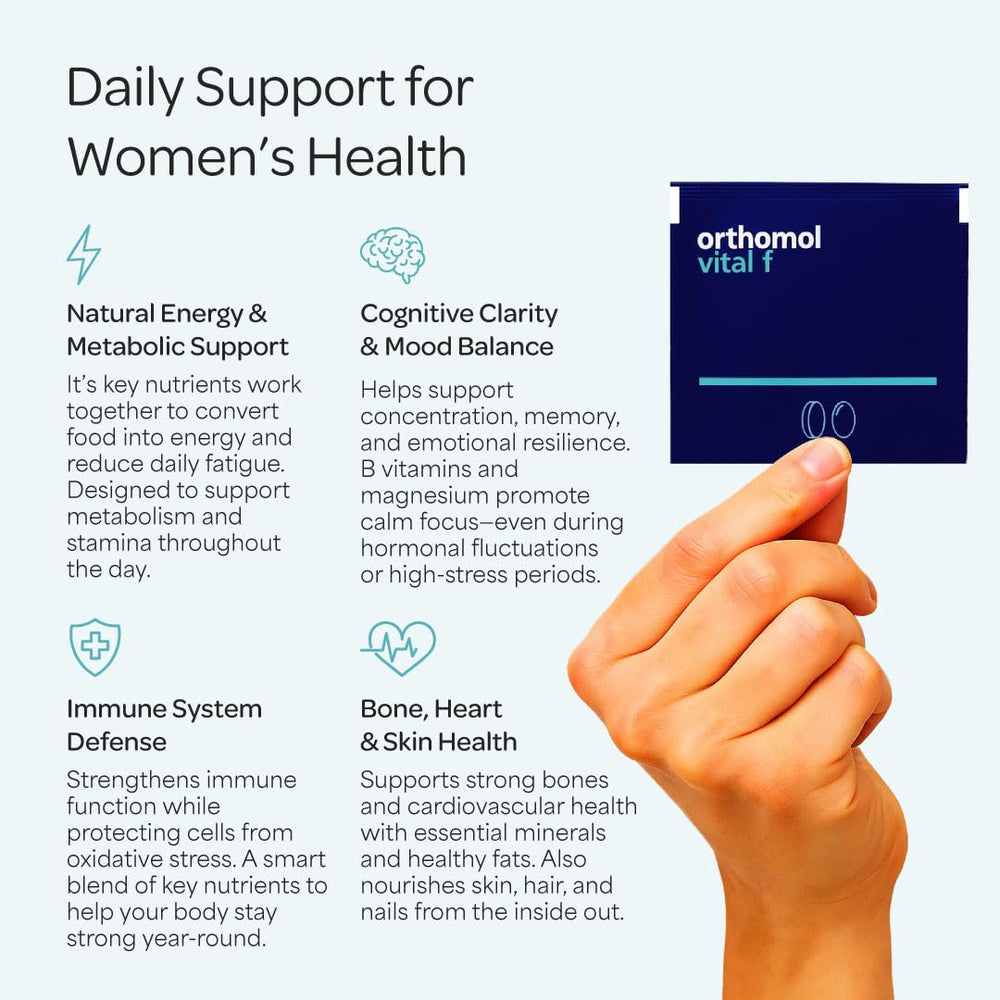 Orthomol Vital F packaging showing lactose-free and gluten-free options