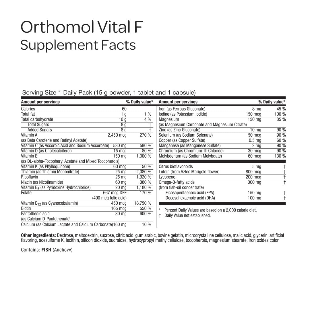 Orthomol Vital F nutrient label close-up, highlighting energy metabolism support