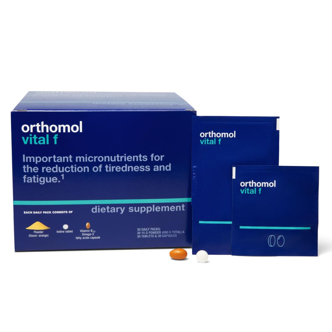Orthomol Vital F powder packet front, supporting daily vitality for women