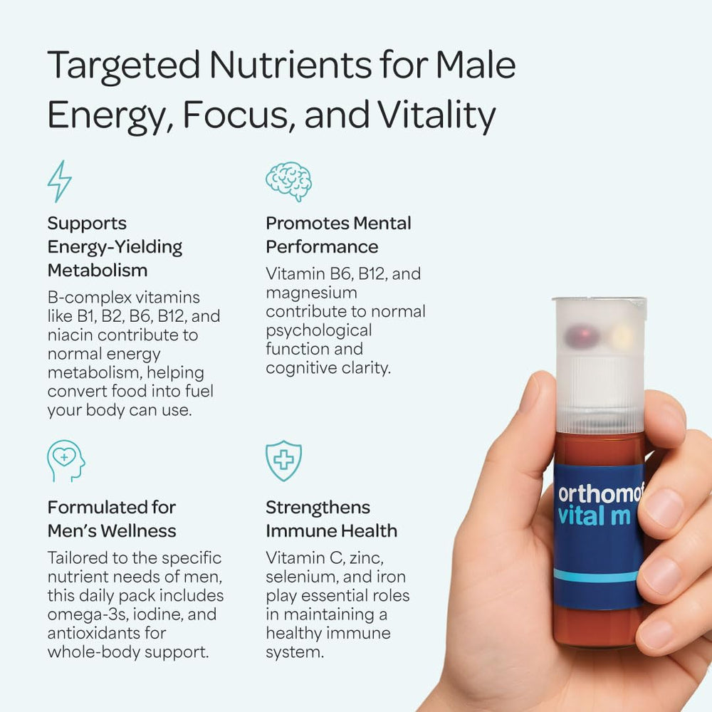 Orthomol Vital M bottle close-up reveals premium multivitamin formula.