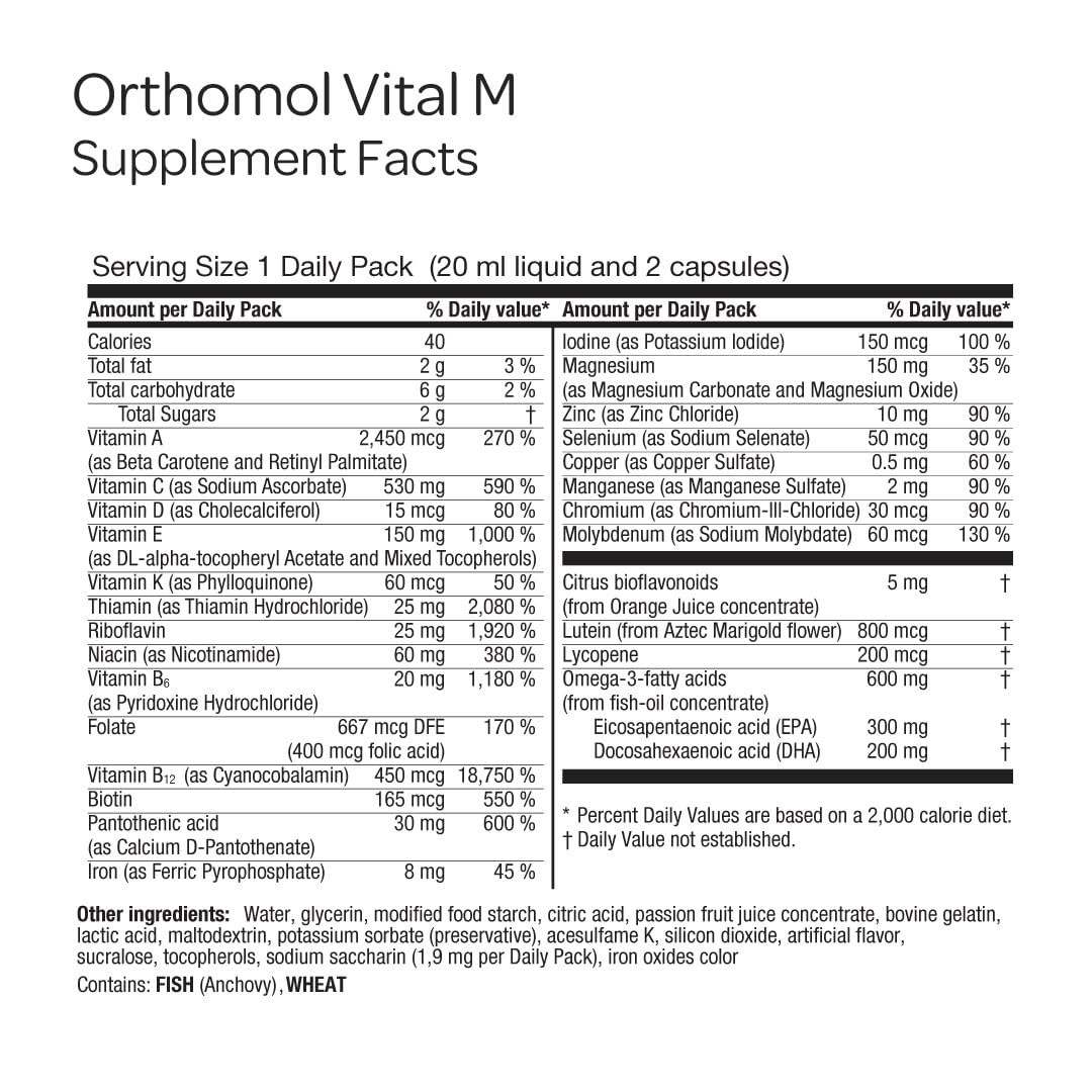 Orthomol Vital M capsules and pack arranged for daily health.