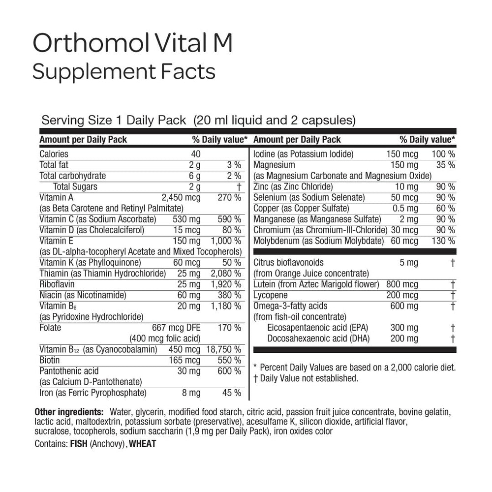 Orthomol Vital M capsules and pack arranged for daily health.