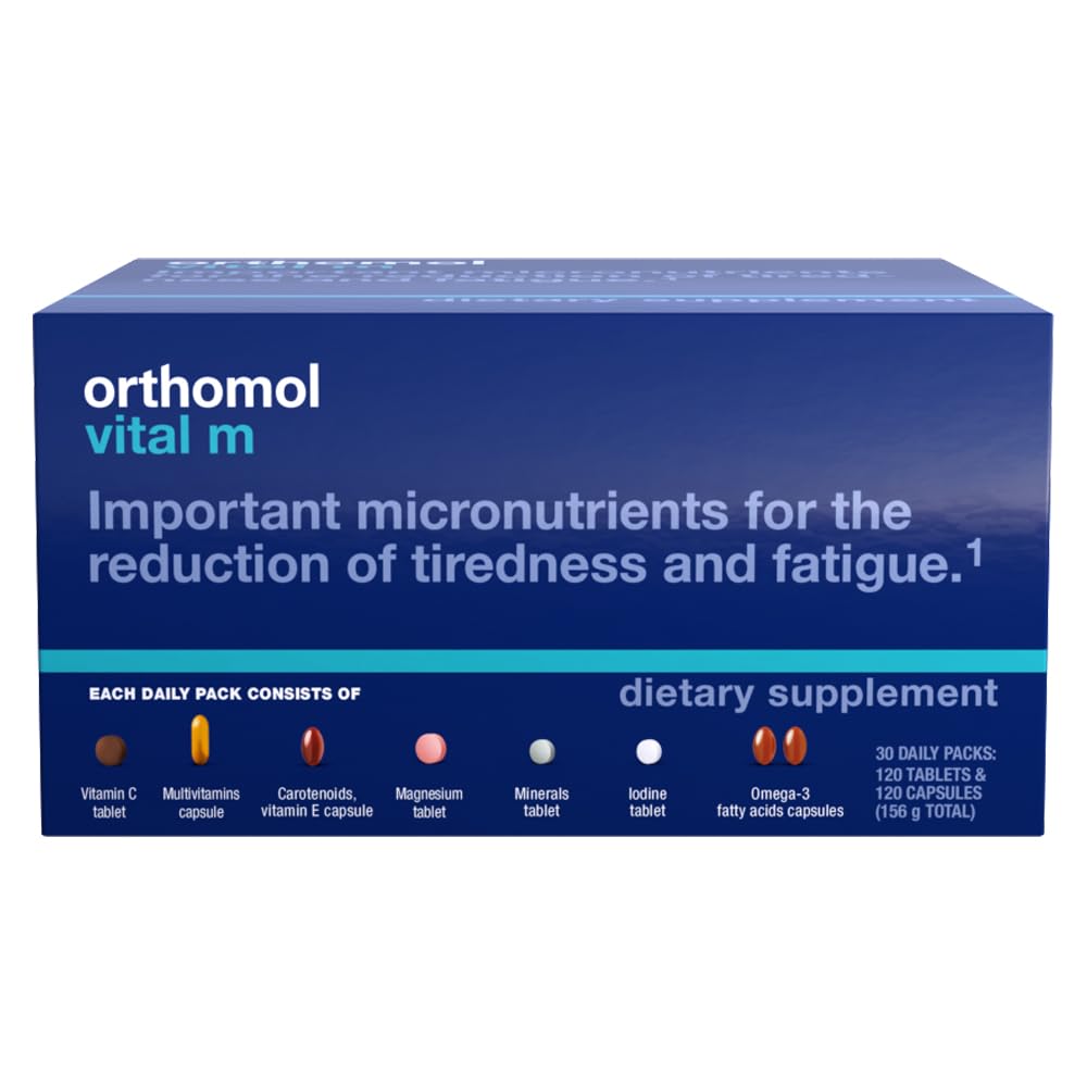Orthomol Vital M tablets front view; supports daily vitality for men.