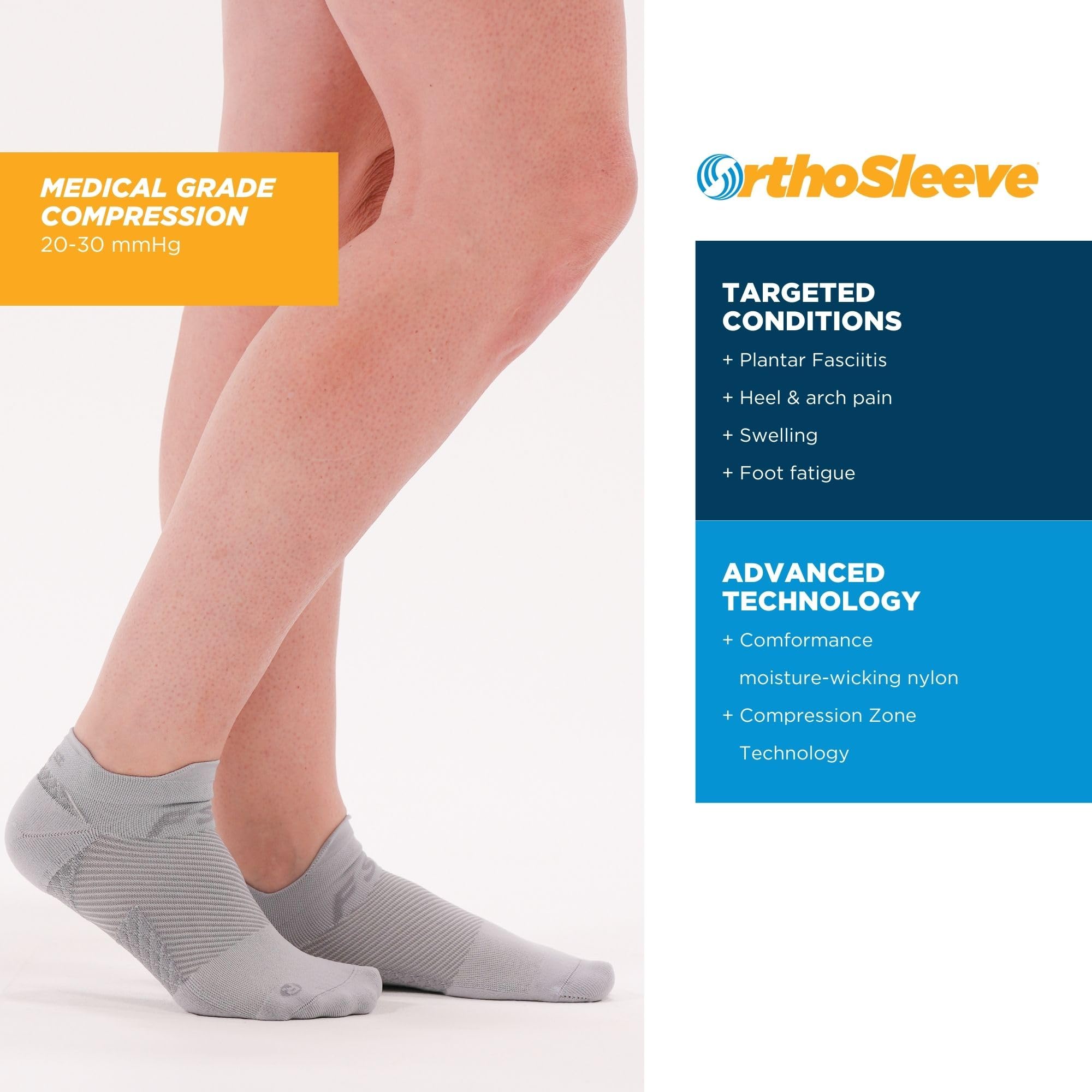 OrthoSleeve plantar fasciitis socks on foot highlighting arch support