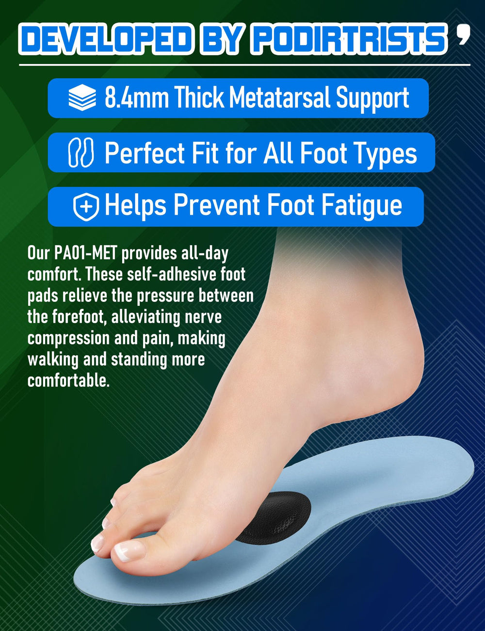 Orthostride metatarsal pad inside-shoe application demonstrating quick pressure relief during daily walks.