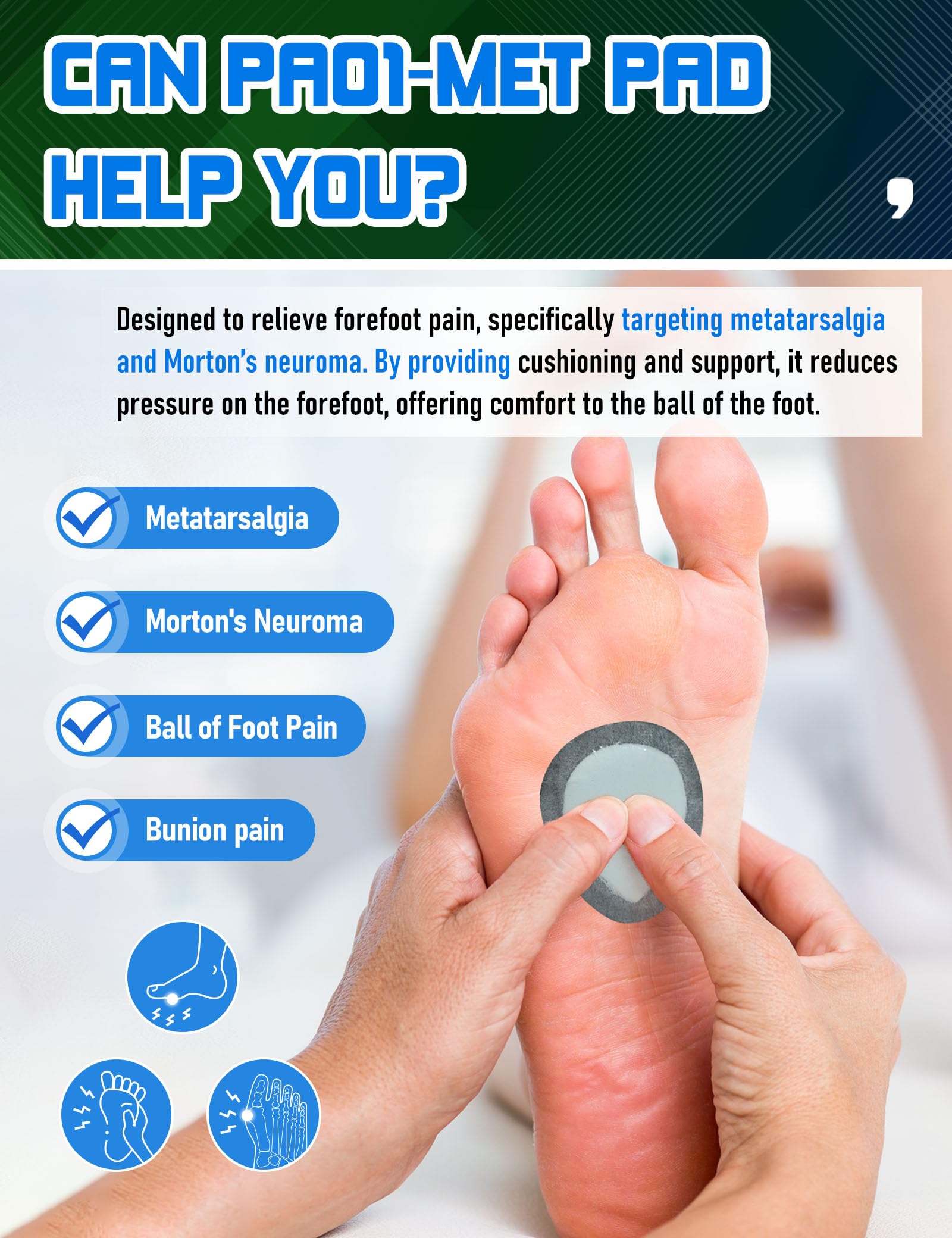 Orthostride metatarsal pad with self-adhesive back securing pad inside shoe during activity.
