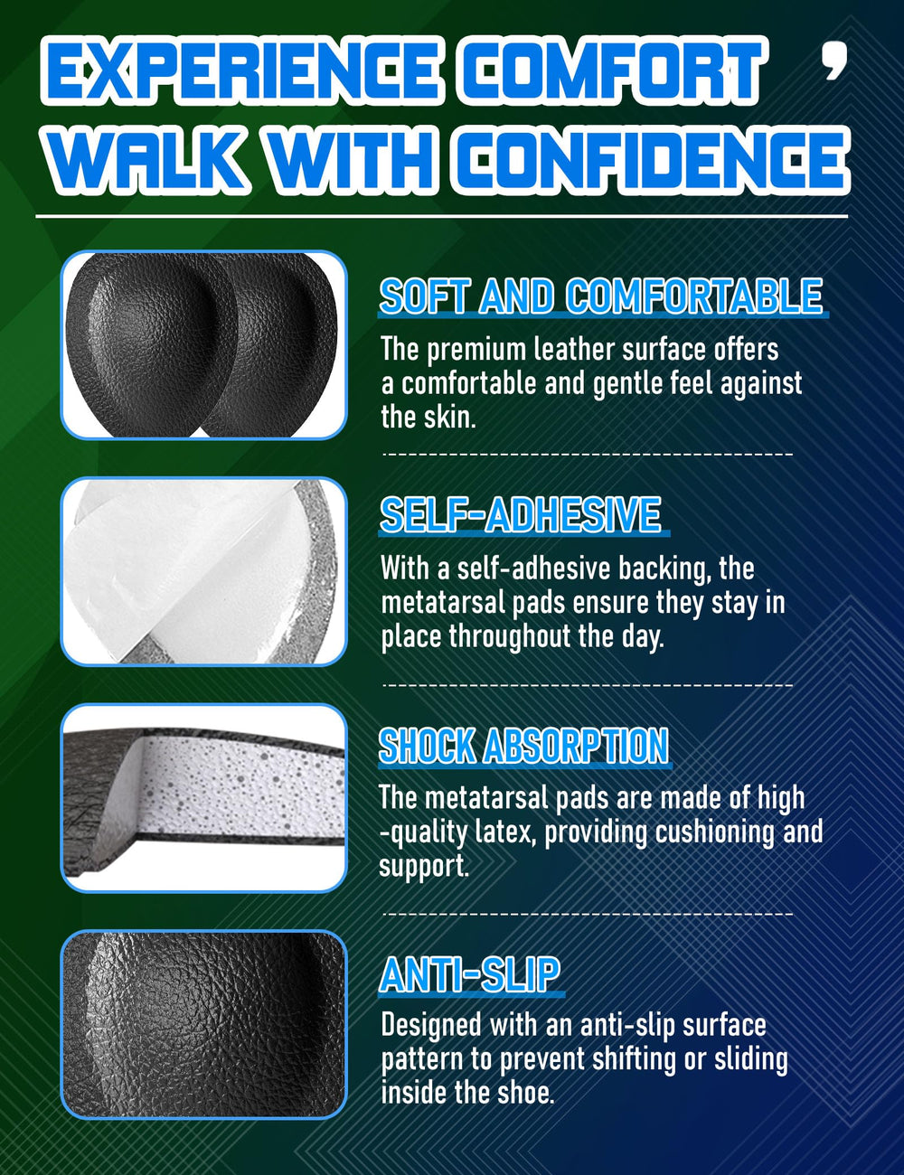 Orthostride metatarsal pads self-adhesive back view illustrating secure placement.