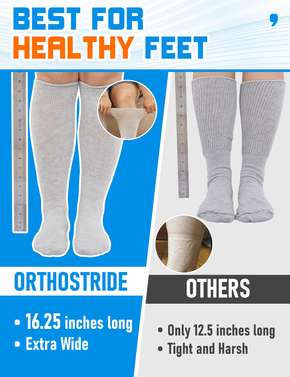 Orthostride Wide Diabetic Socks lymphedema design in black supports swollen feet.