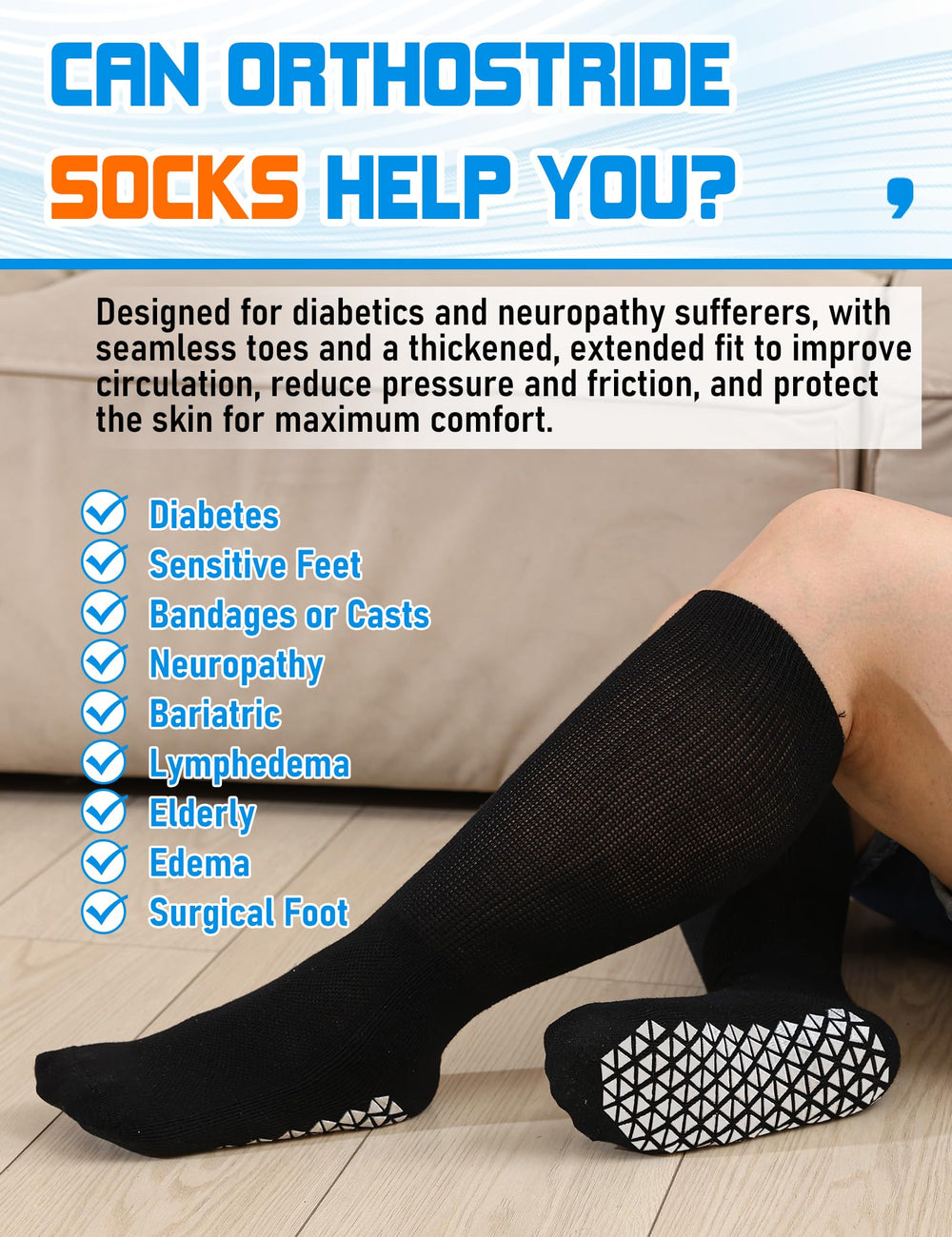 Orthostride Wide Diabetic Socks non-slip grip close-up shows stable footing.