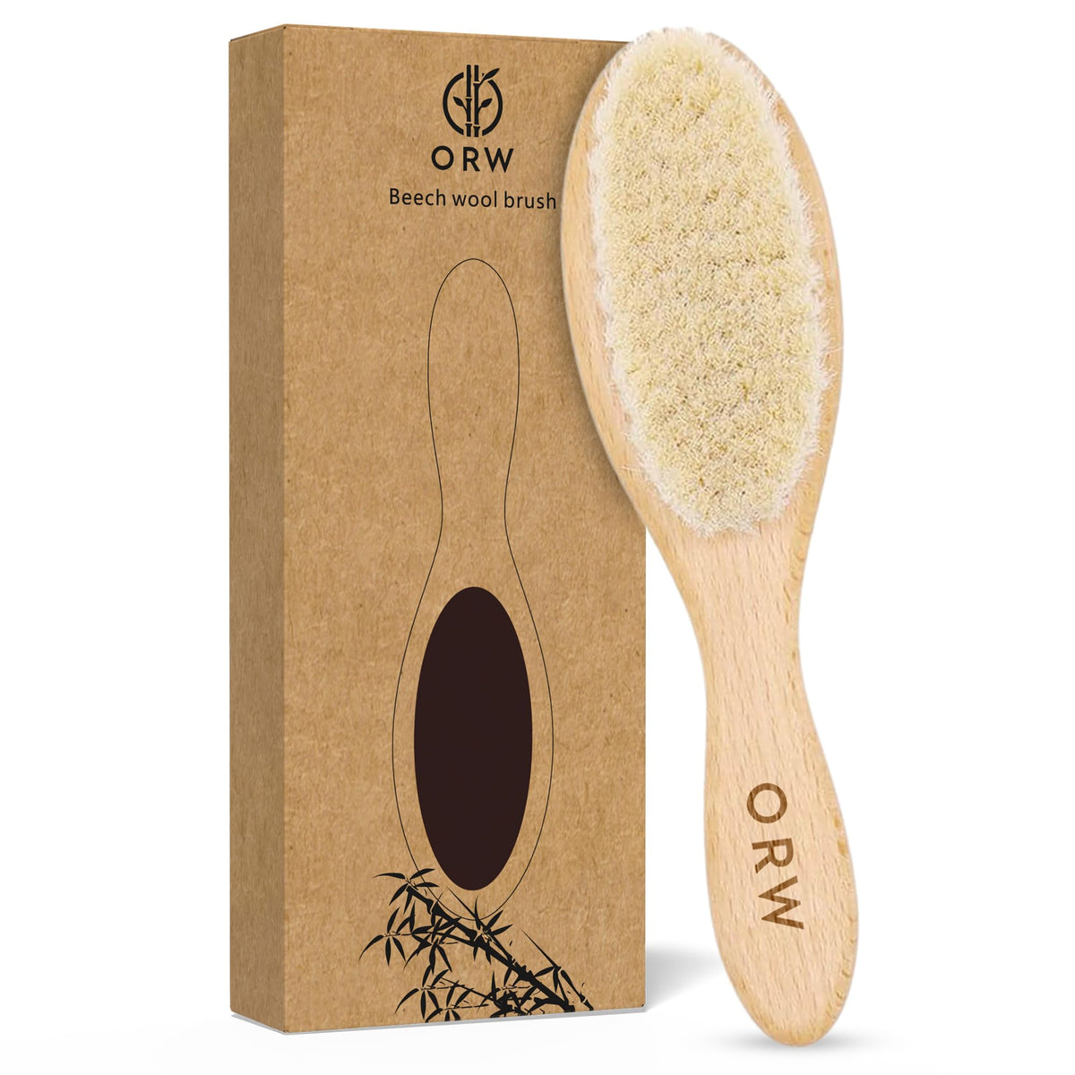 ORW OREN’S baby hair brush with wooden handle and soft bristles for gentle grooming.