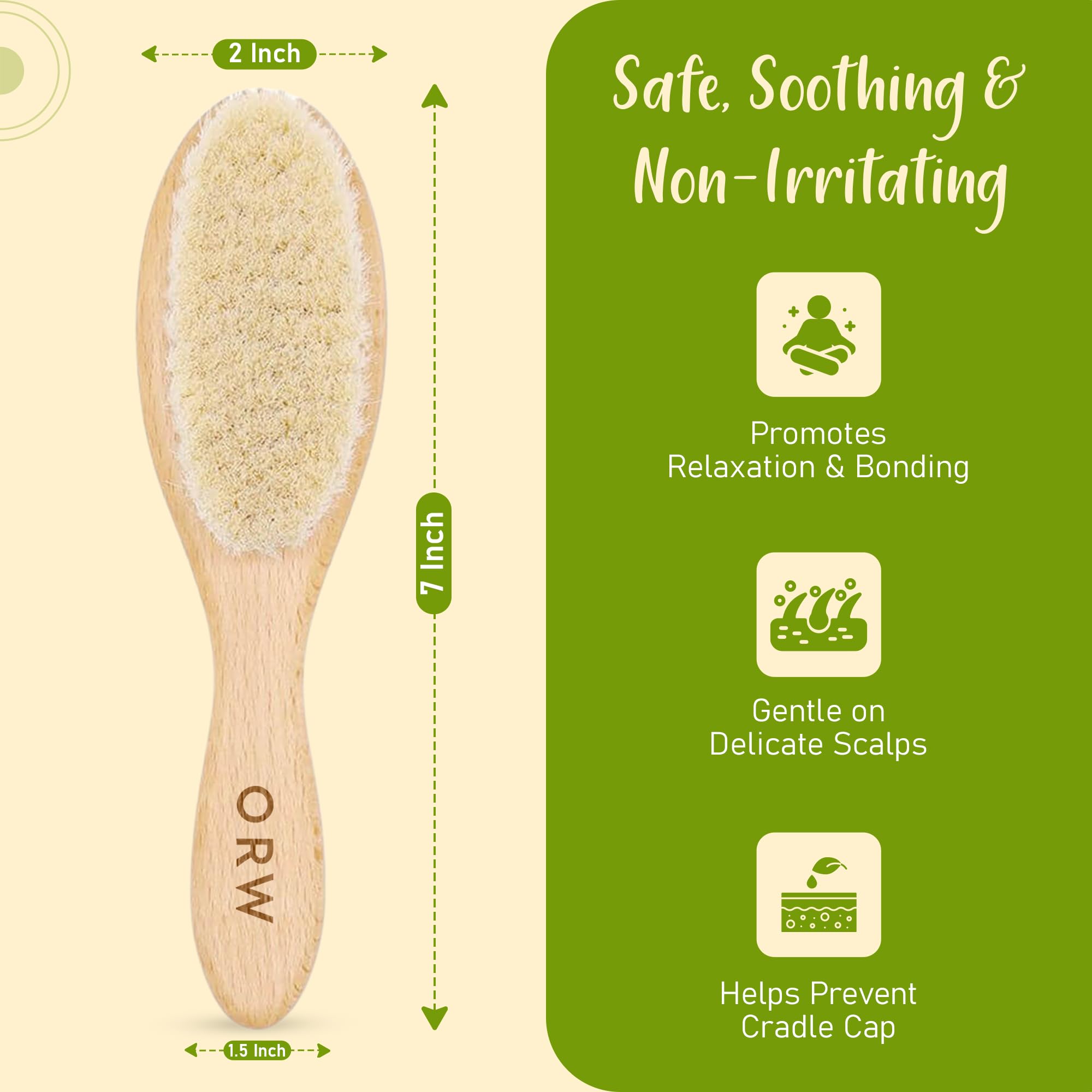 ORW OREN’S wooden-handle brush supports grooming from newborn to toddler.