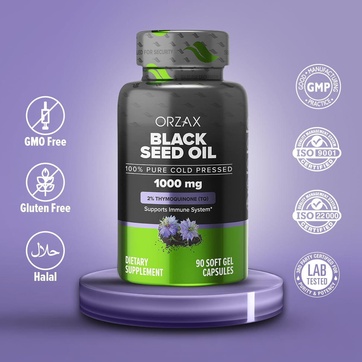 ORZAX bottle packaging states 90 softgel capsules for a 90-day supply.