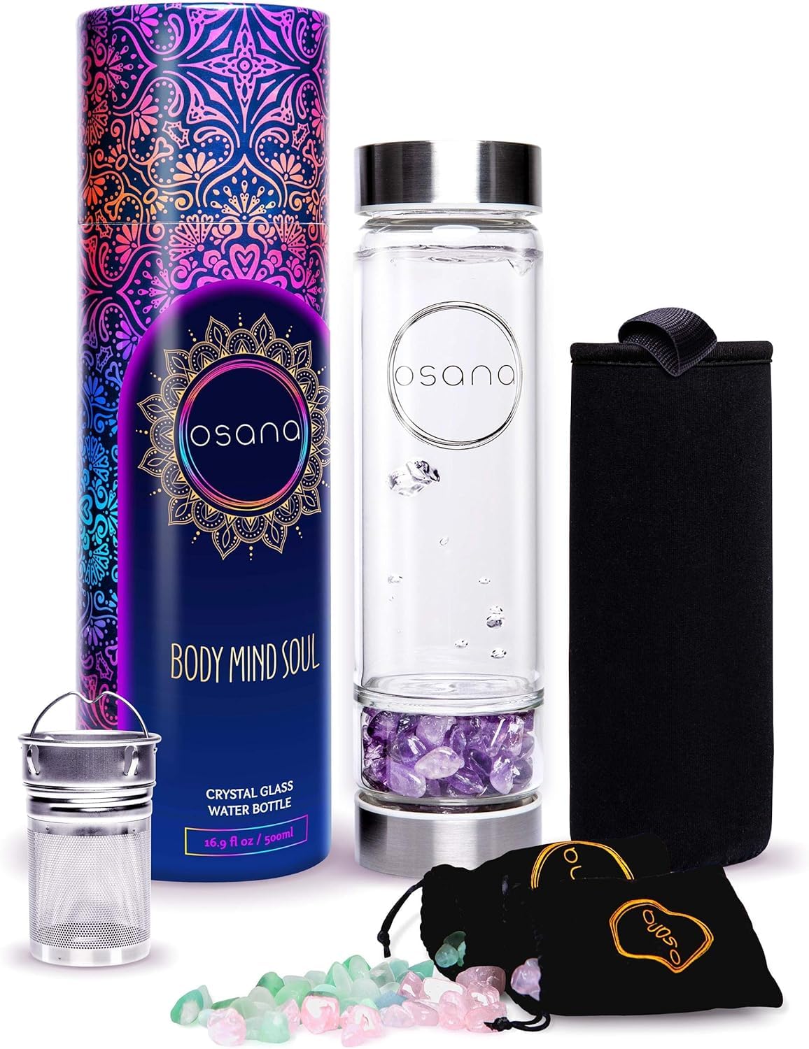 OSANA Crystal Water Bottle with Amethyst crystal for mindful hydration