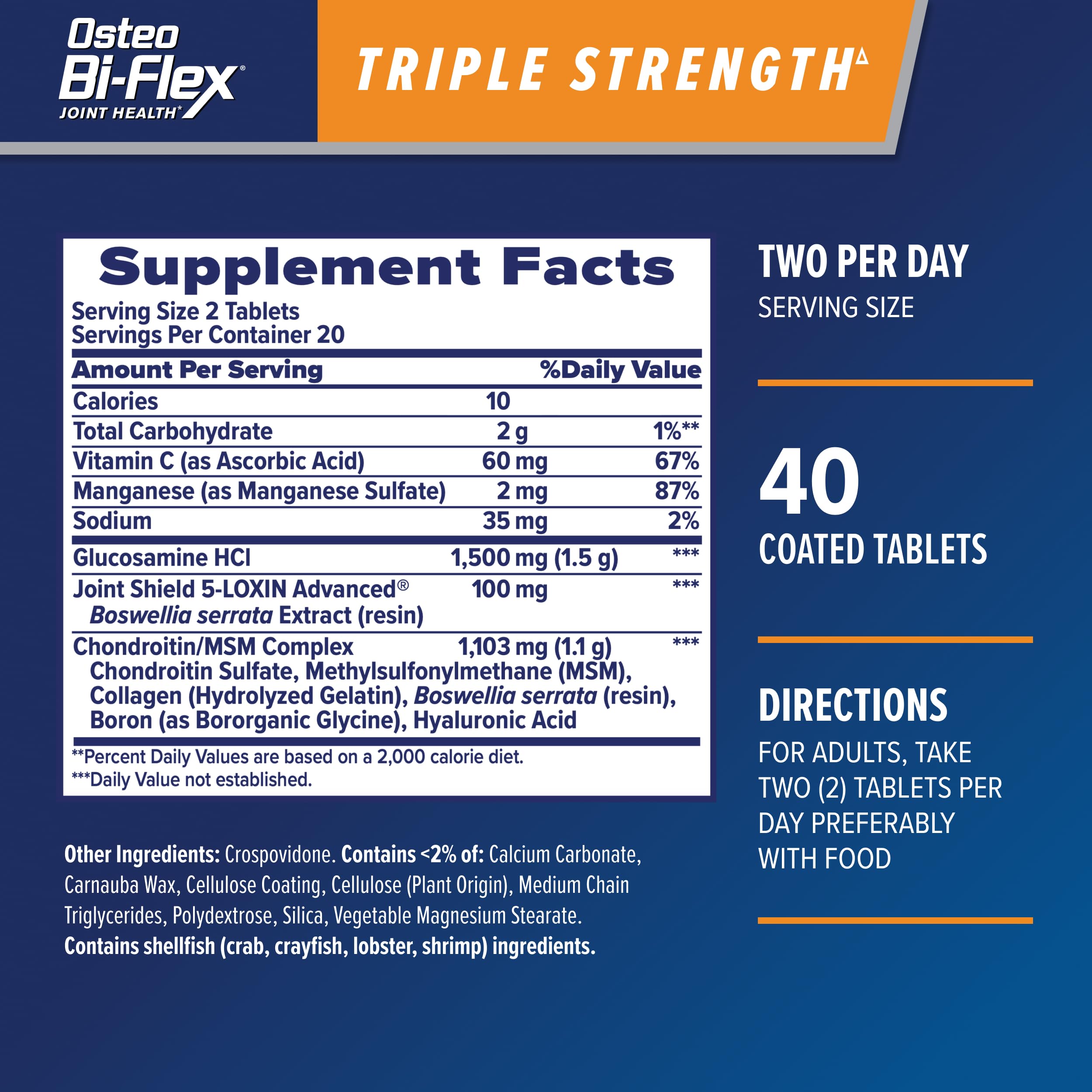 Osteo Bi-Flex Triple Strength5 bottle back label detailing ingredients and usage for joint care.