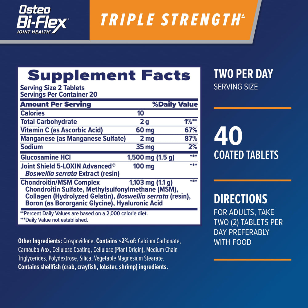 Osteo Bi-Flex Triple Strength5 bottle back label detailing ingredients and usage for joint care.