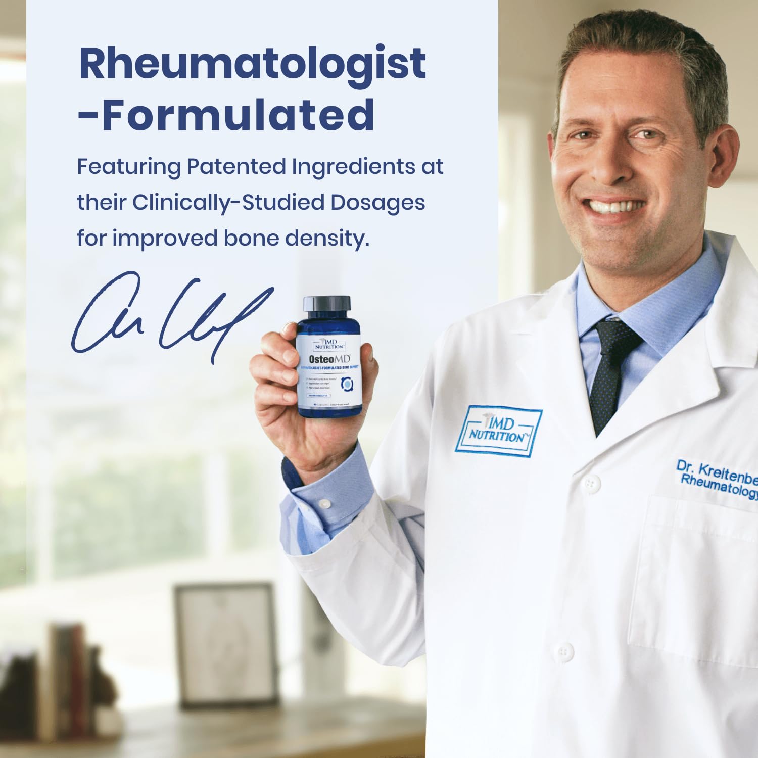 Calcium hydroxyapatite symbol with OsteoMD ingredients for bioavailable calcium