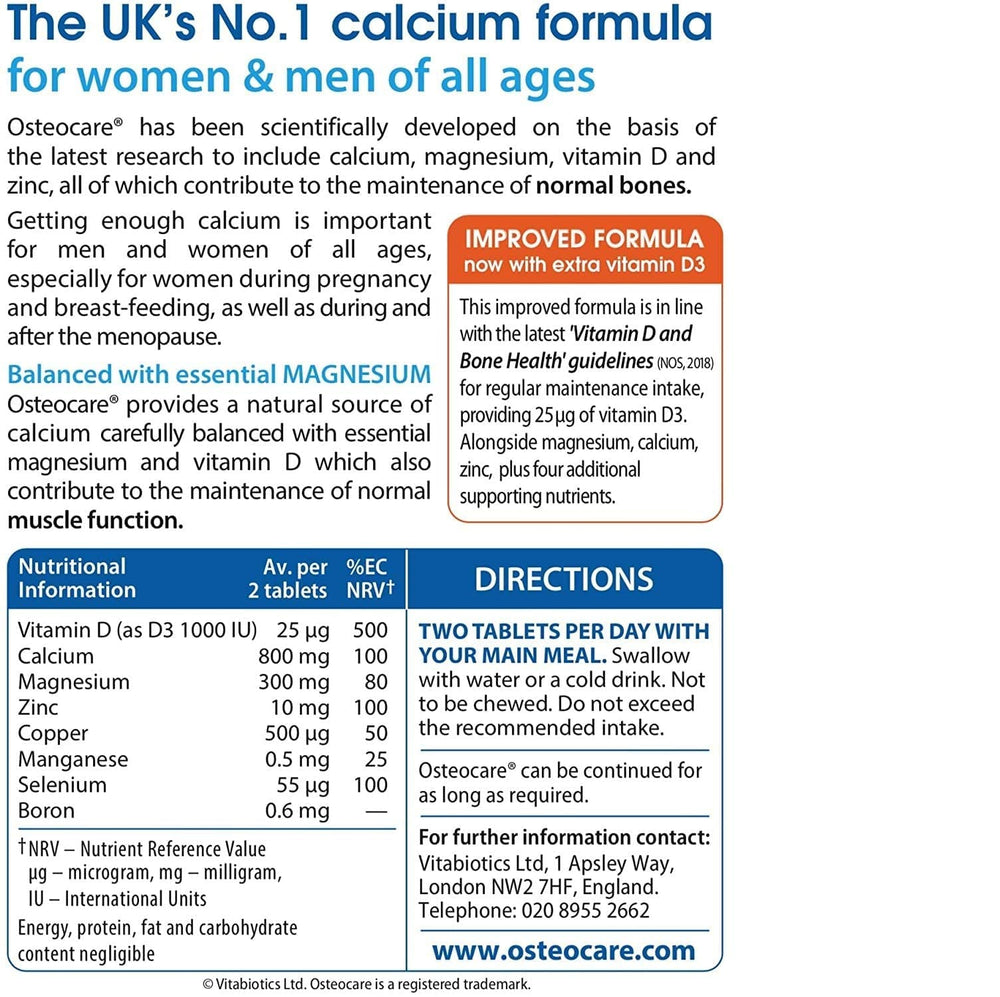 Osteocare ingredients label focusing on calcium, magnesium, zinc and vitamin D3.