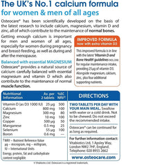 Osteocare ingredients label focusing on calcium, magnesium, zinc and vitamin D3.