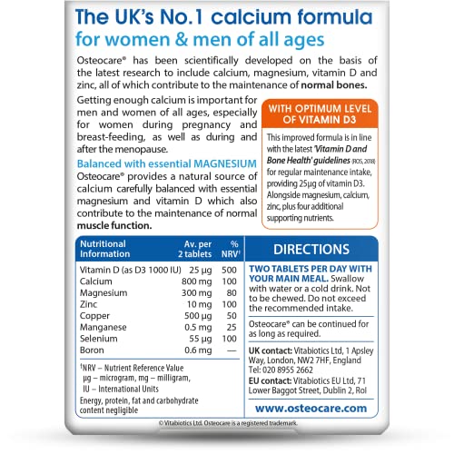 Osteocare Original bottle label close-up showing key nutrients for bone health