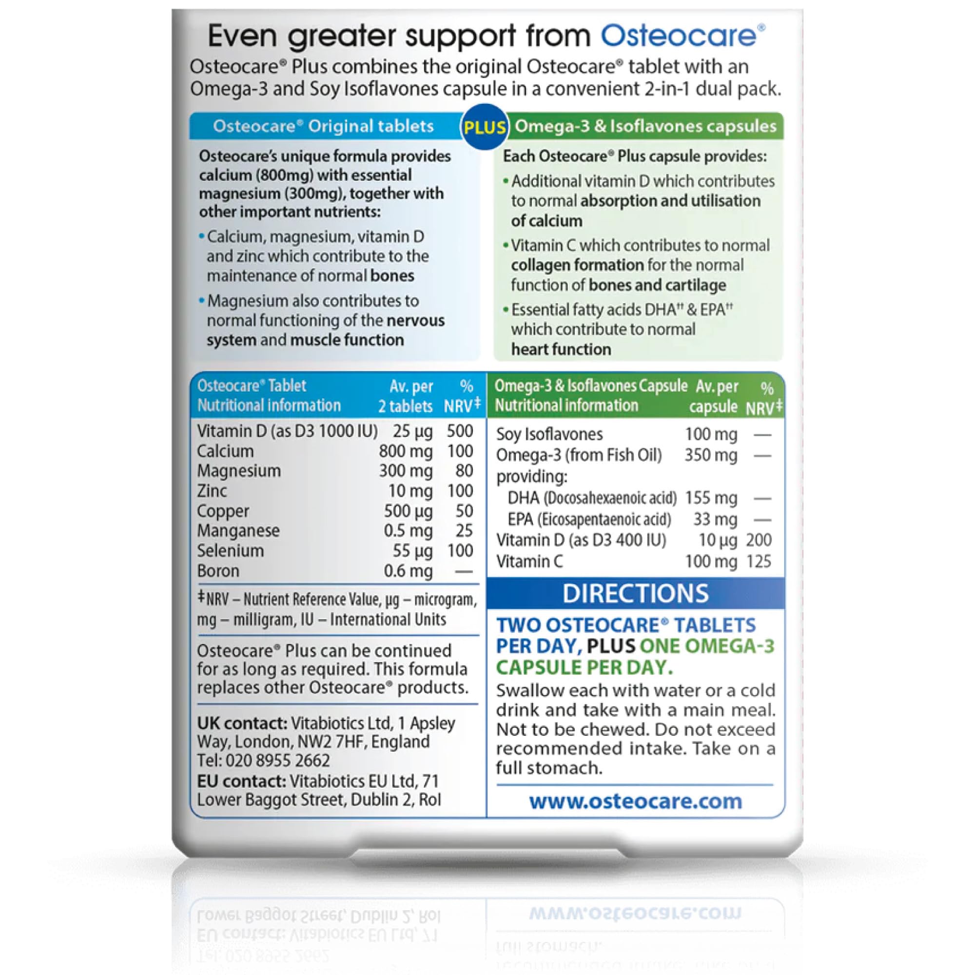 Osteocare Plus omega-3 and soy isoflavones capsule for daily wellness.