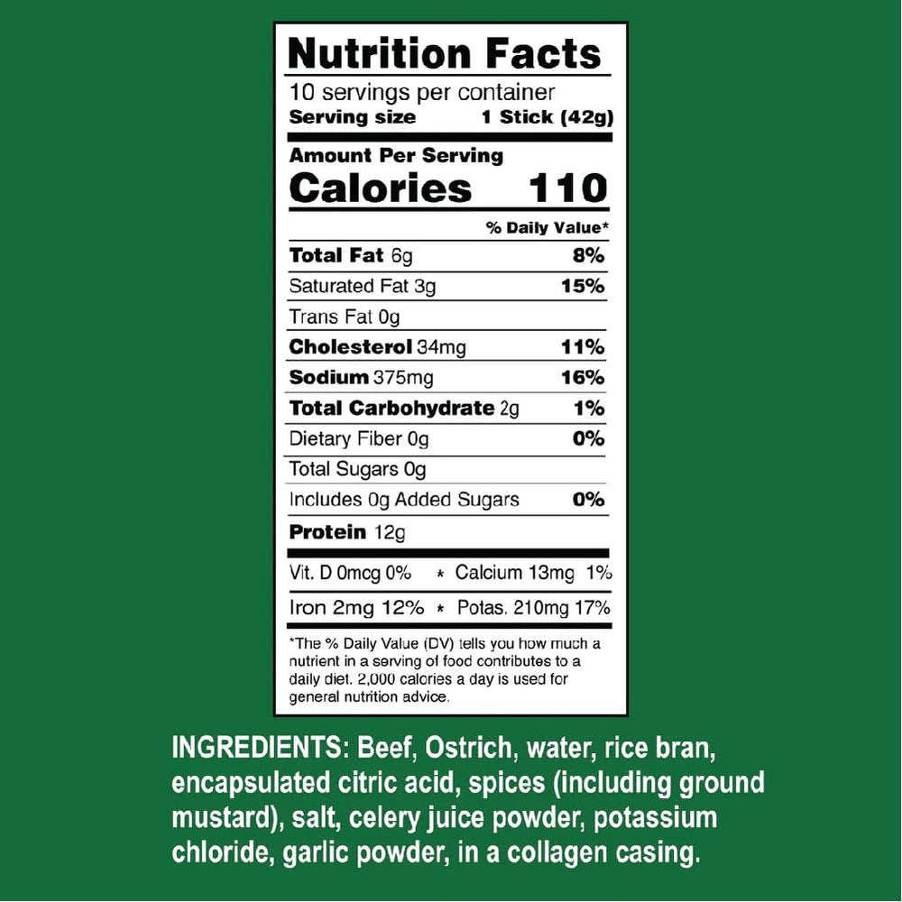 Ostrim Original nutrition facts close-up, showcasing protein-forward snack.